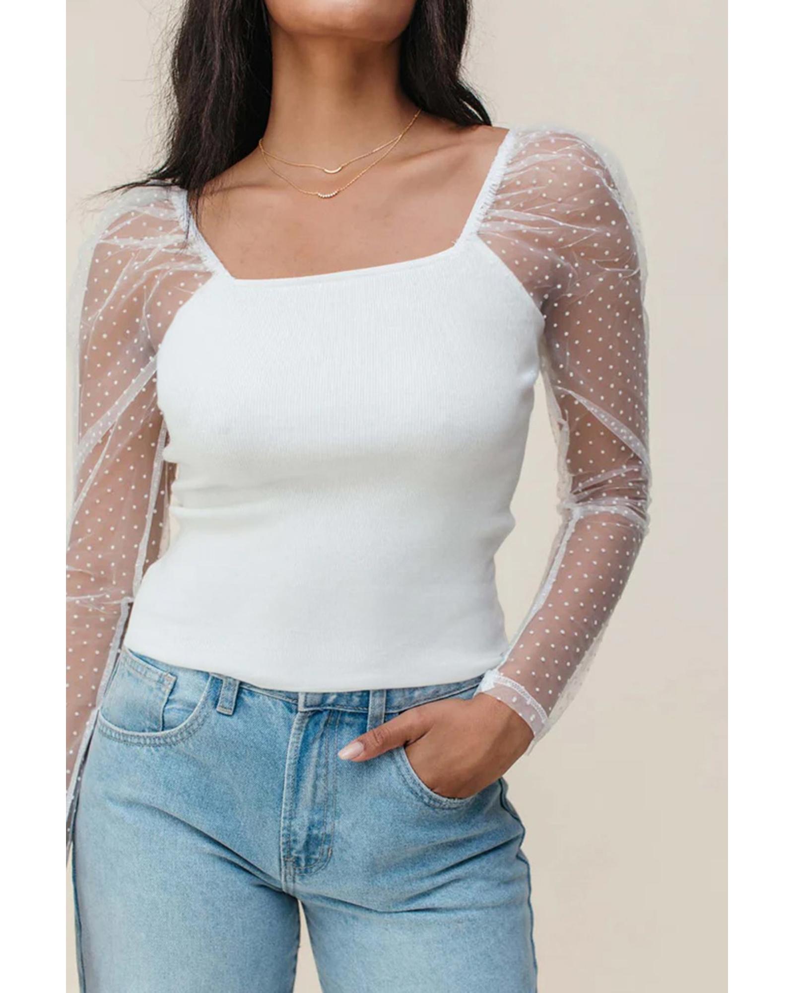 V539-AZEXDC25130858-P1-M-202508271515-00 White Swiss Dot Mesh Long Sleeve Square Neck Slim Top - M - Image 1