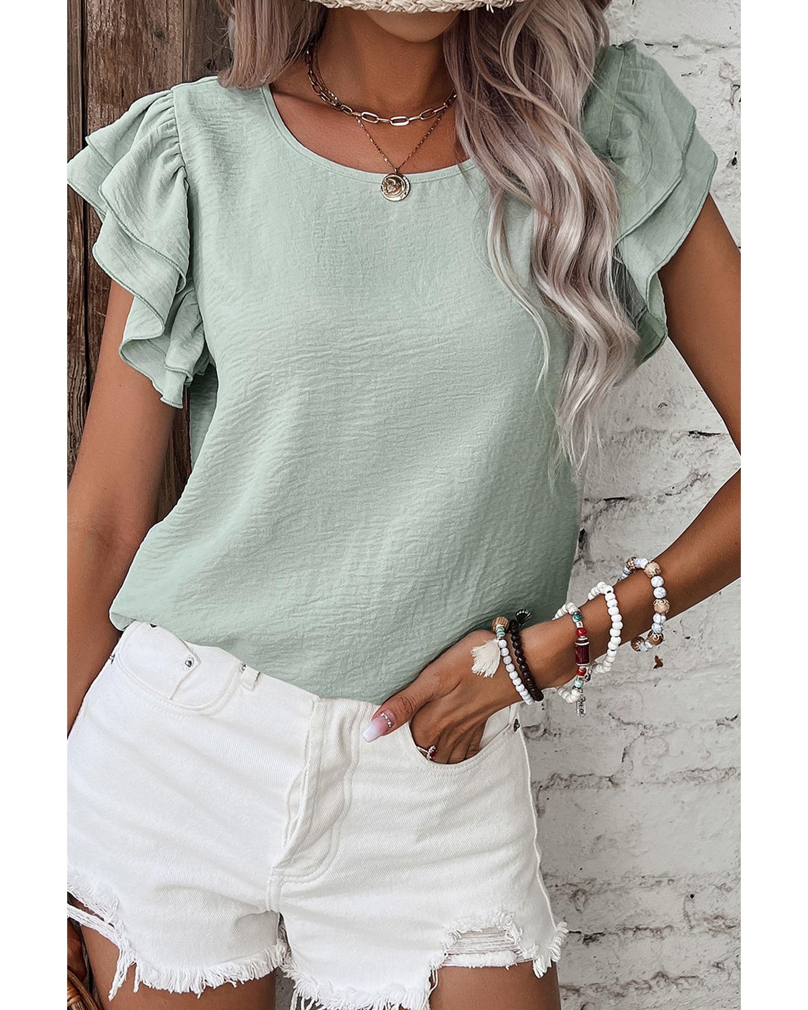 V539-AZEXDC25130897-P2709-XL-202508272125-00 Clearly Aqua Solid Color Ruffled Short Sleeve Casual Blouse - XL - Image 1