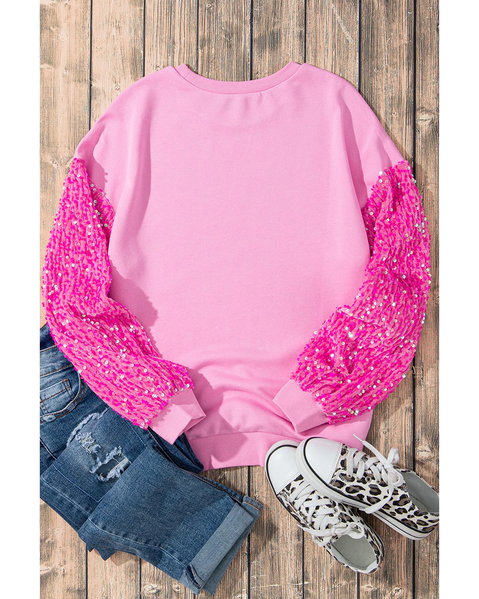 V539-AZEXDC25131026-P10-M-202508270210-00 Pink Leopard Heart Graphic Sequin Patchwork Long Sleeve Valentines Top - M - Image 1