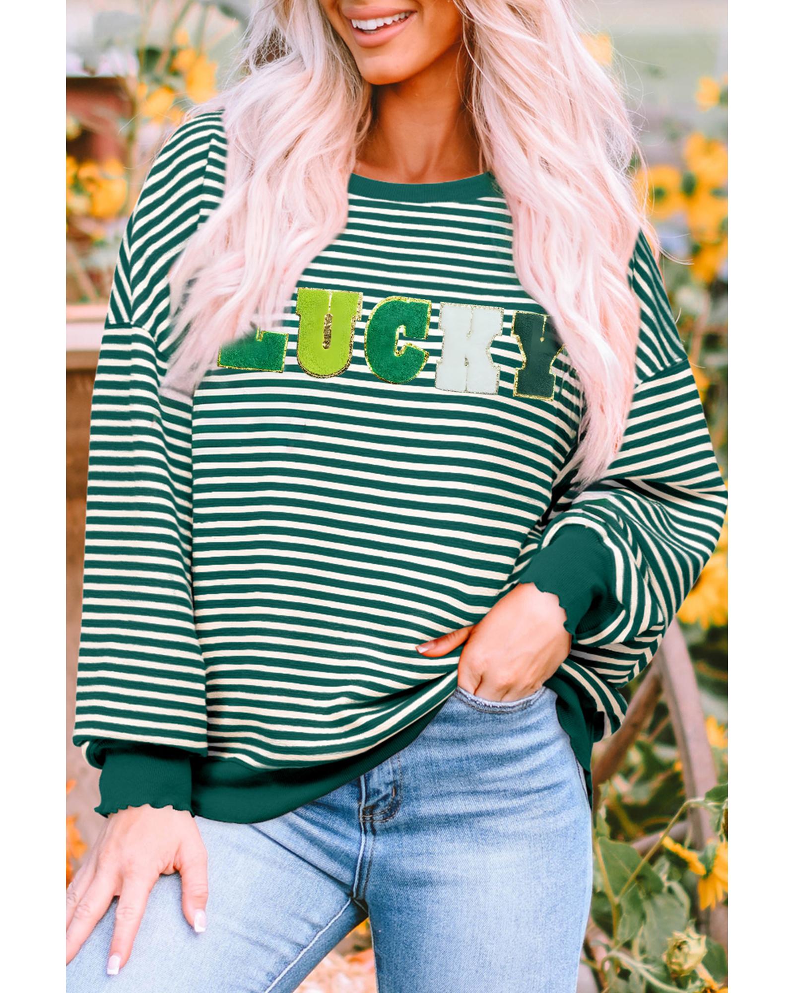 V539-AZEXDC25131283-P919-M-202508280015-00 Green Stripe Chenille LUCKY Patched Pattern St Patrick Long Sleeve Top - M - Image 1