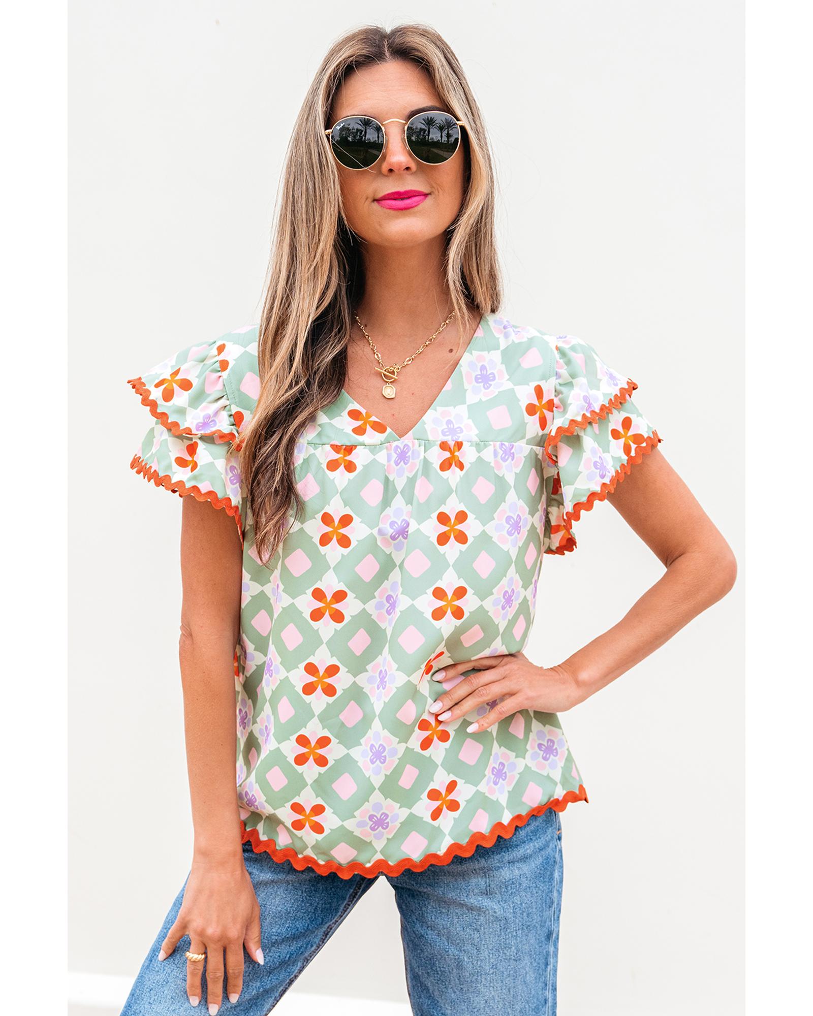 V539-AZEXDC25131561-P920-M-202508270755-00 Green Geometric Floral Print Layered Flutter Sleeve V Neck Ric Rac Trim Blouse - M - Image 1