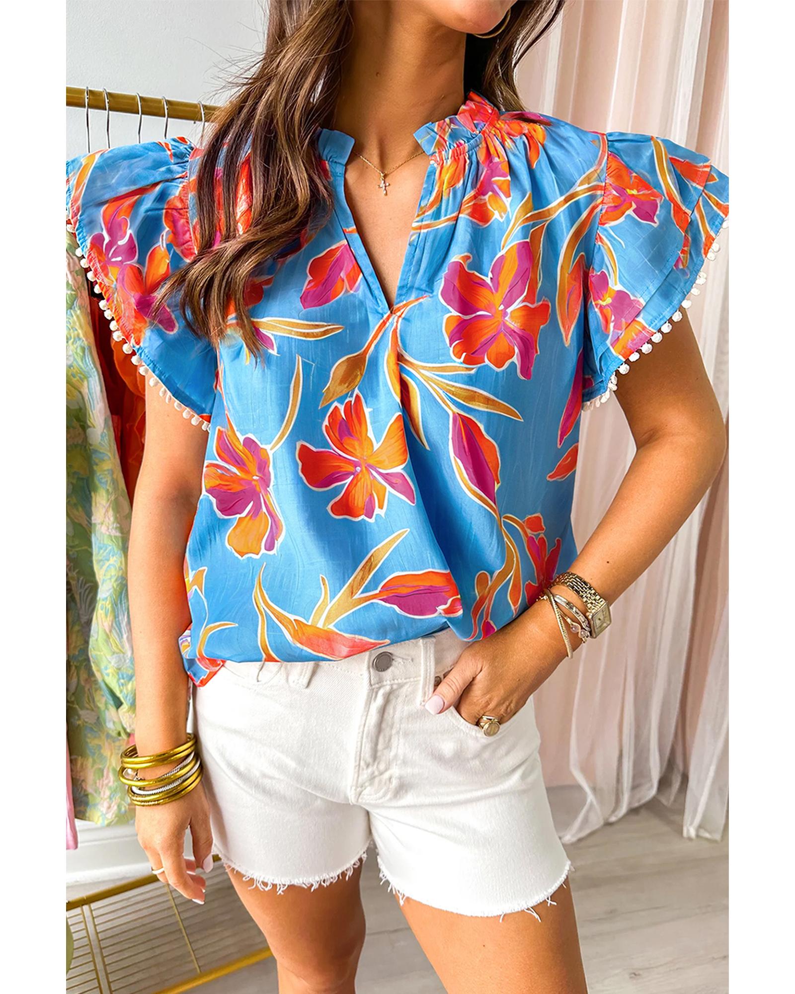V539-AZEXDC25132026-P420-S-202506120907-00 Sky Blue Floral Print V Neck Pompom Trim Flutter Sleeve Blouse - S - Image 1