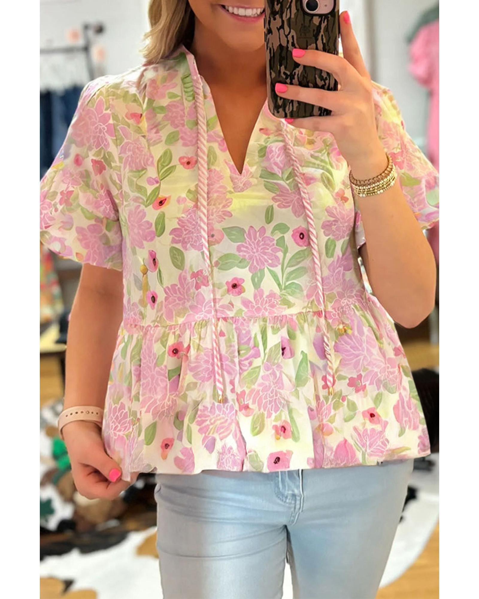 V539-AZEXDC25132084-P1020-M-202506120910-00 Pink Floral Print Drawstring V Neck Peplum Blouse - M - Image 1