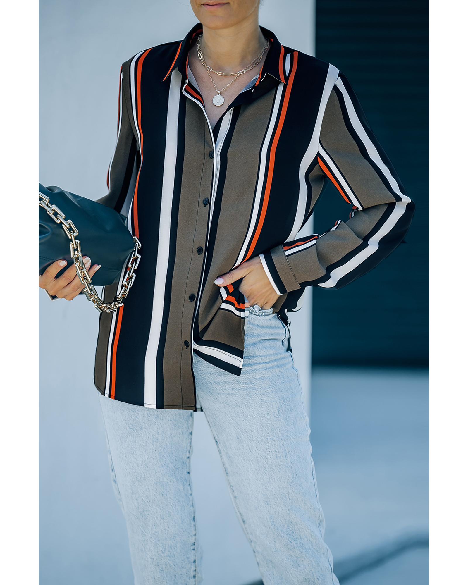 V539-AZEXDC251389-2S-202506120925-00 Black Brown Striped Modern Women Shirt - S - Image 1