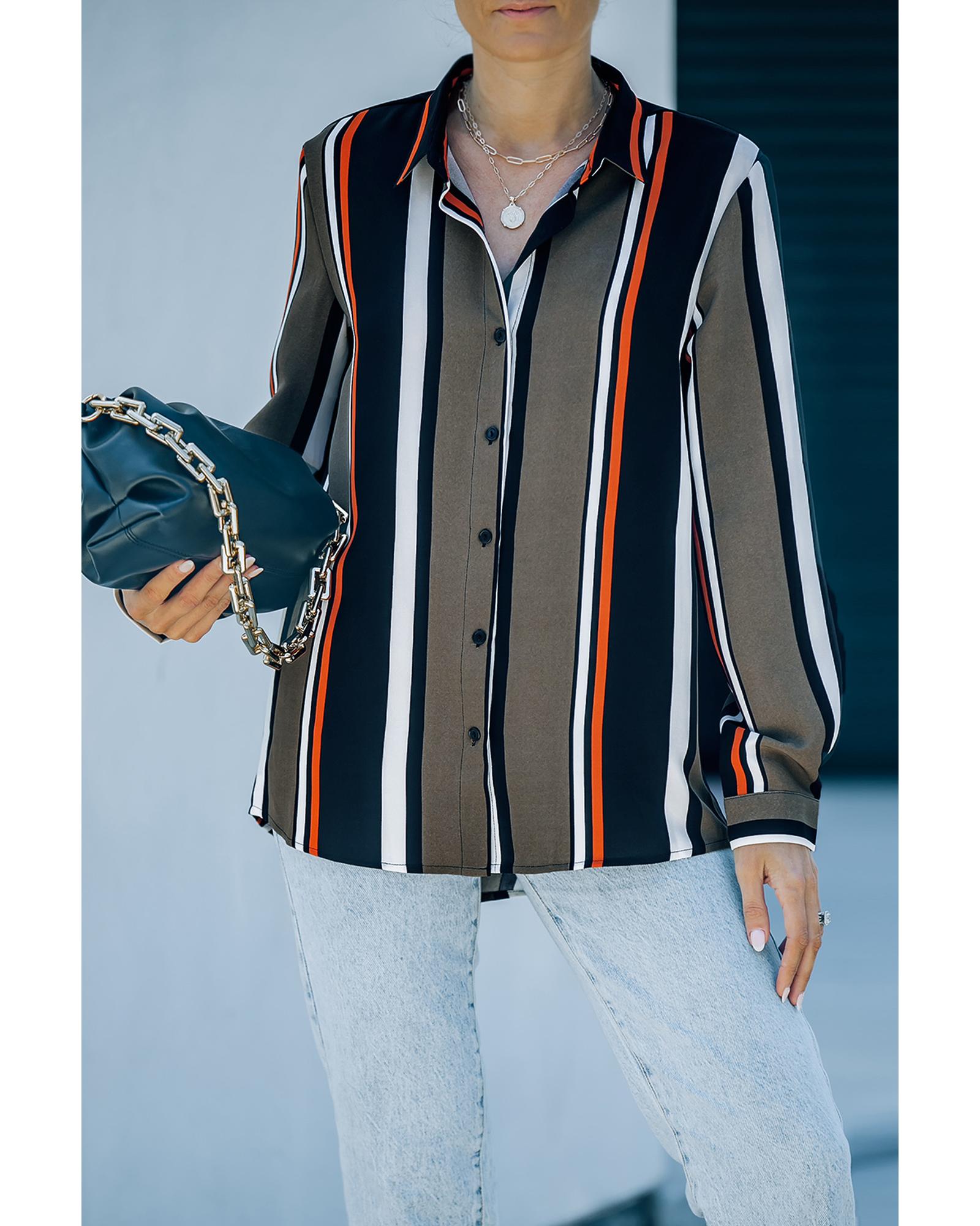 V539-AZEXDC251389-2XL-202508270810-00 Black Brown Striped Modern Women Shirt - XL - Image 1