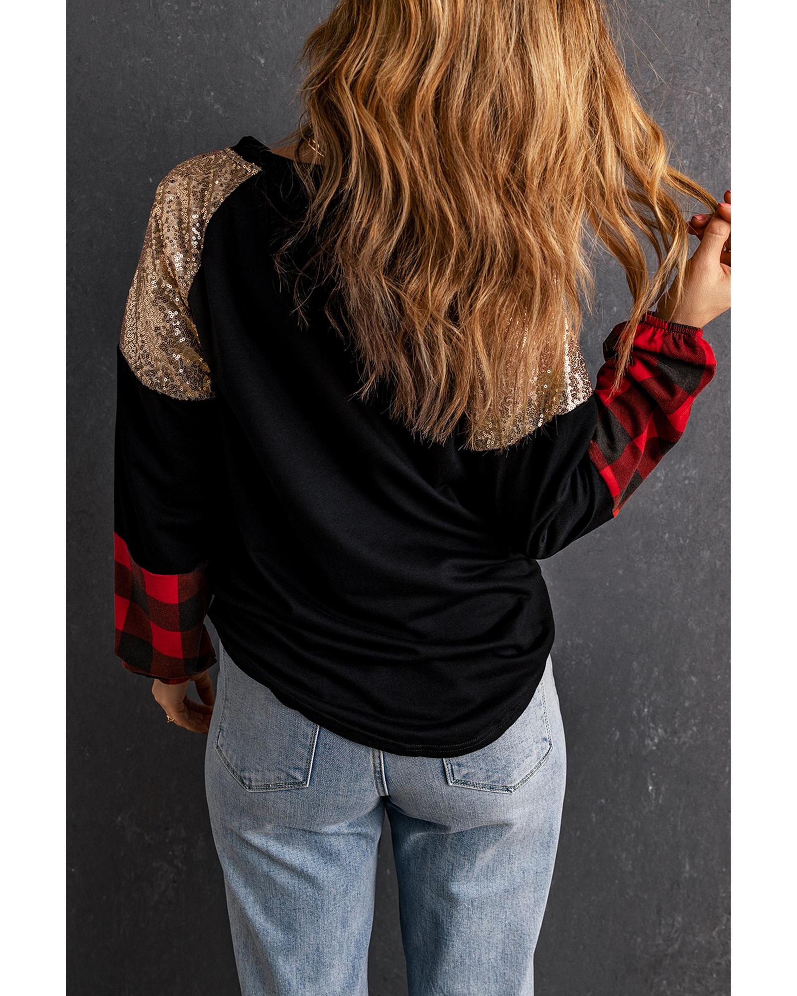 V539-AZEXDC2519441-2-M-202508251640-00 Azura Exchange Lantern Sleeve Plaid Sequin Pullover Sweatshirt - M - Image 1