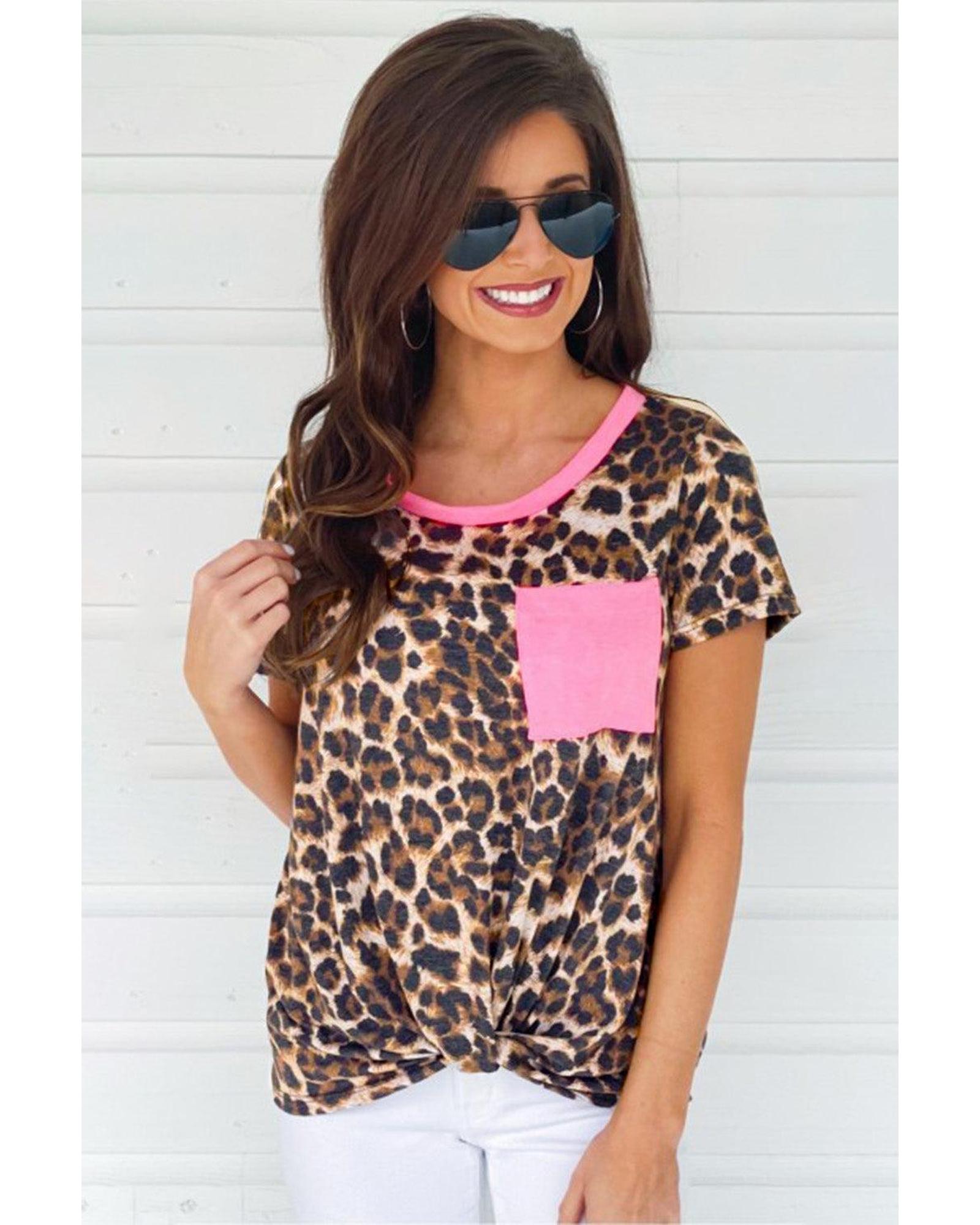 V539-AZEXDC2521077-20-M-202509010220-00 Azura Exchange Neon Pink Leopard Pocket T-shirt - M - Image 1