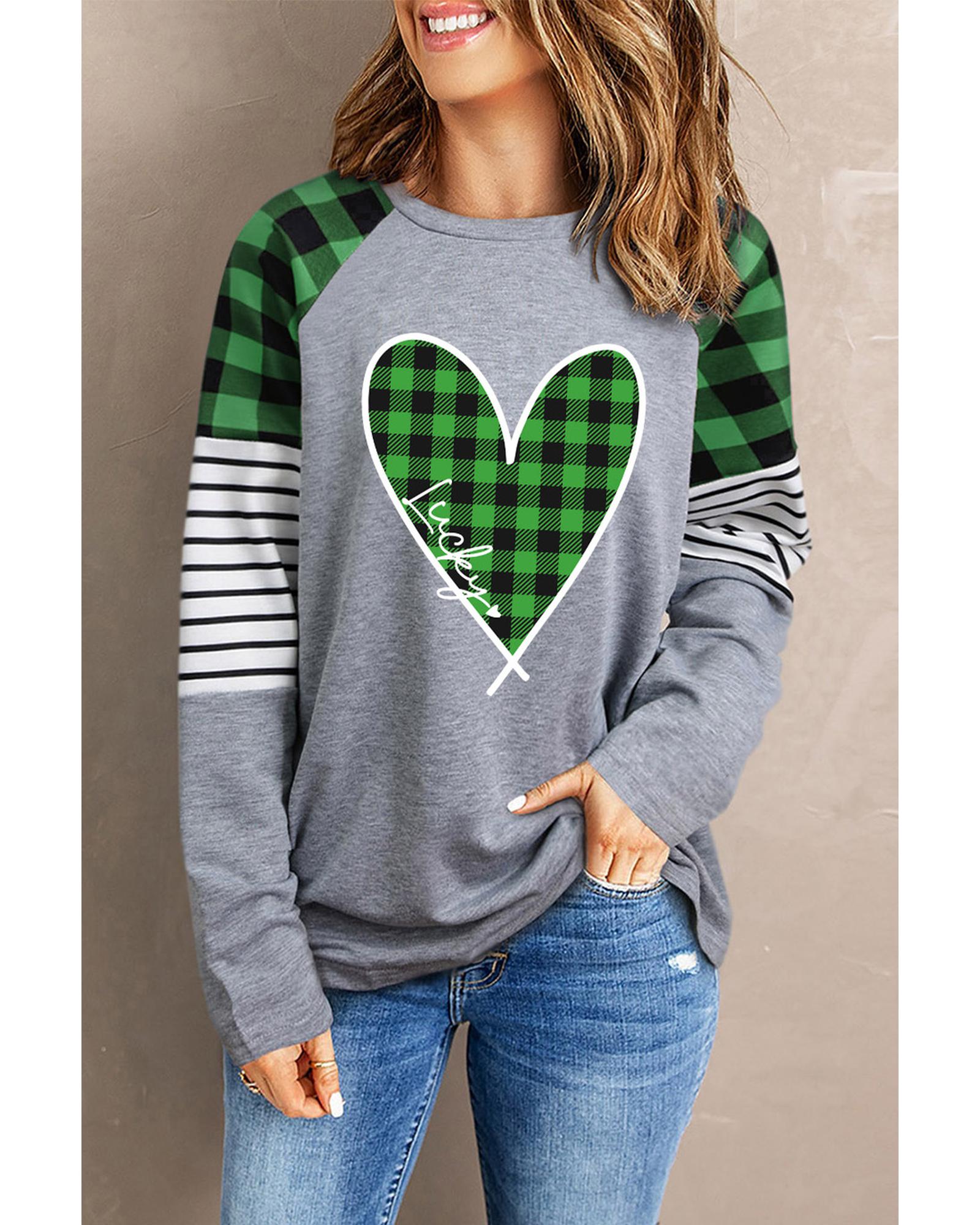 V539-AZEXDC25214288-9-S-164484-00 Azura Exchange Plaid Heart Color Block Long Sleeve Top - S - Image 1