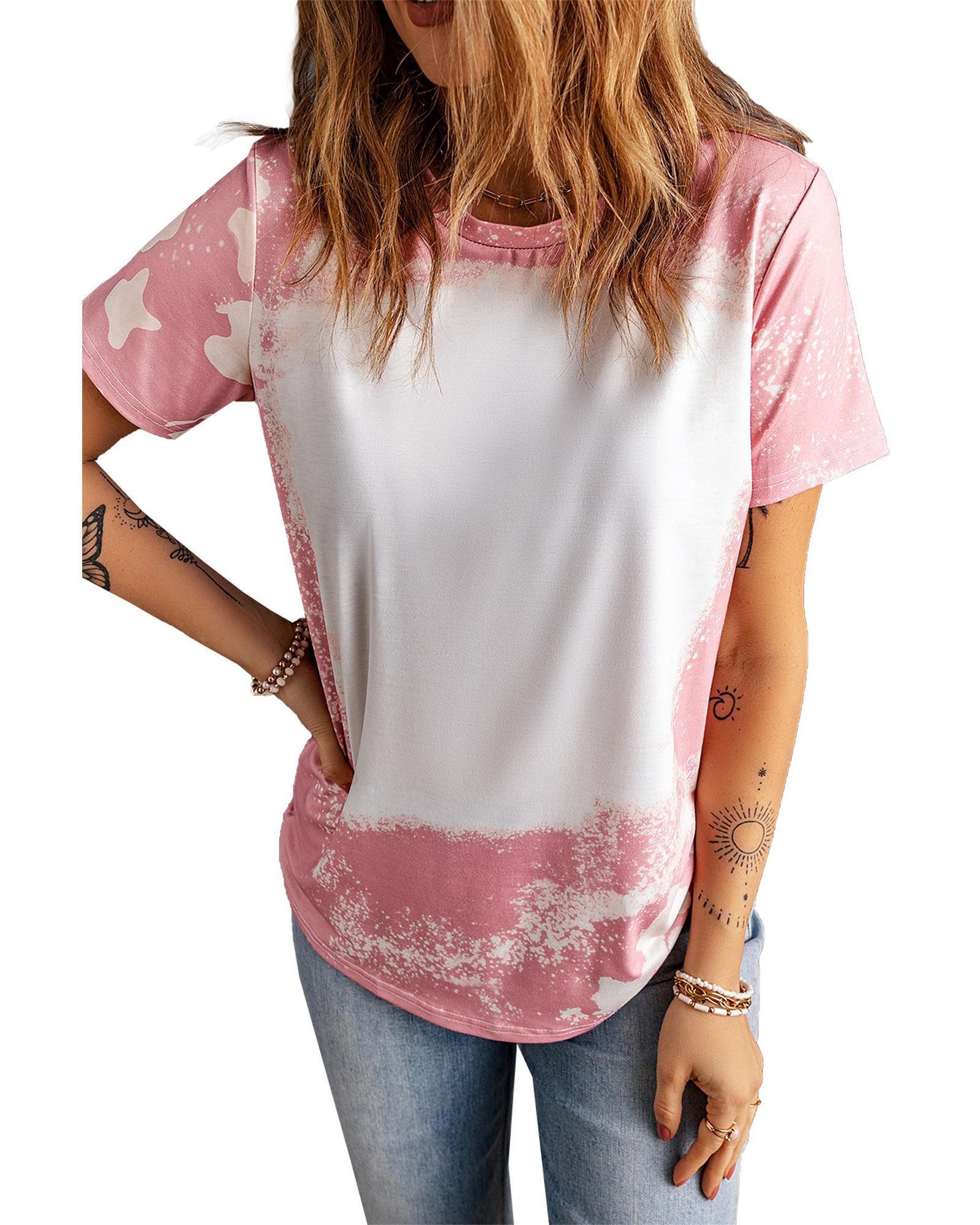 V539-AZEXDC25219060-10-S-202506121012-00 Pink Tie Dye Color Bleached Short Sleeve T Shirt - S - Image 1