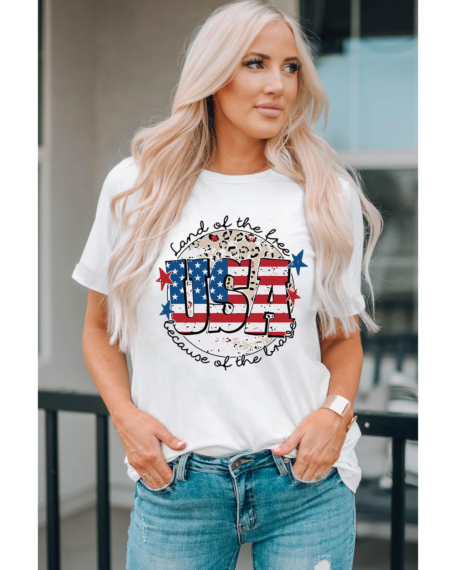 V539-AZEXDC25221653-1-2XL-202508270415-00 White USA Flag Slogan Graphic T-shirt - 2XL - Image 1