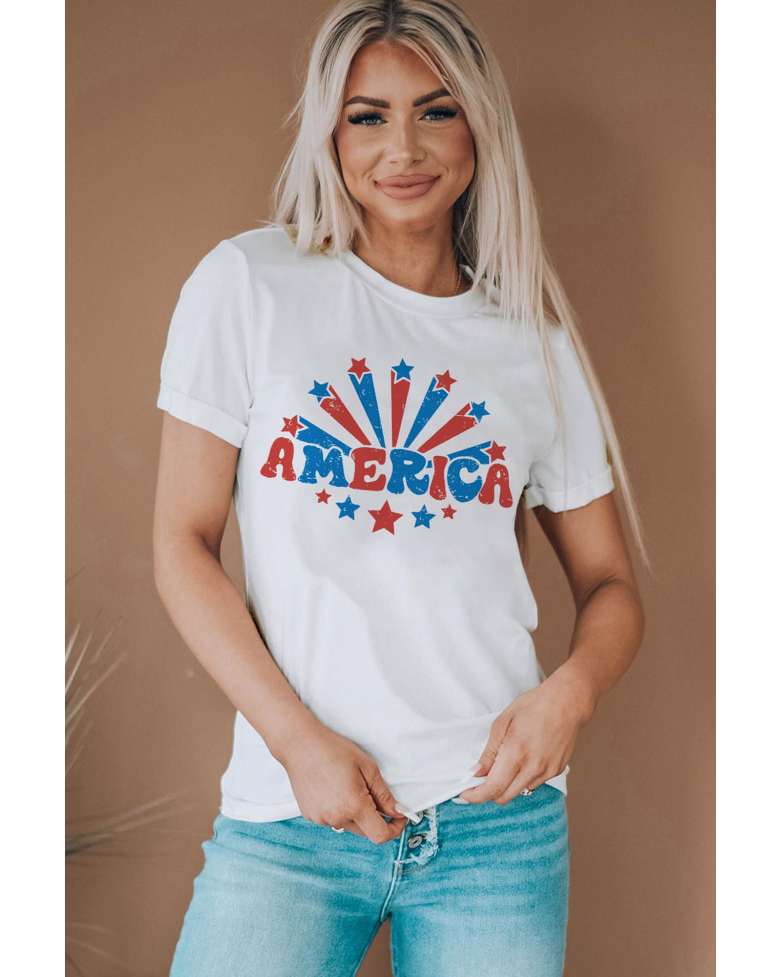 V539-AZEXDC25221835-1-XL-202508270405-00 White AMERICA Star Graphic Round Neck Tee - XL - Image 1