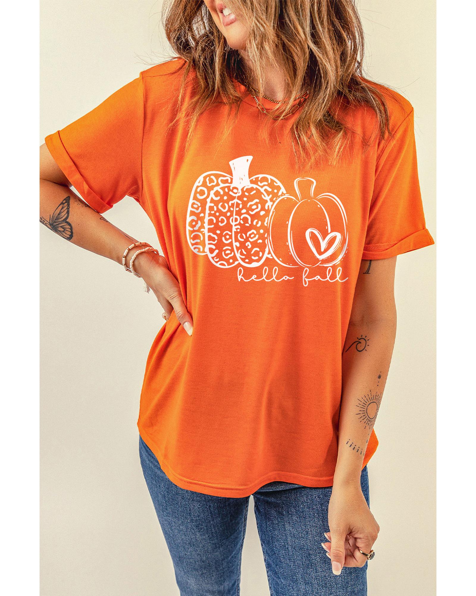 V539-AZEXDC25222174-14-S-202506121212-00 Orange Pumpkin Graphic Crew Neck T-shirt - S - Image 1