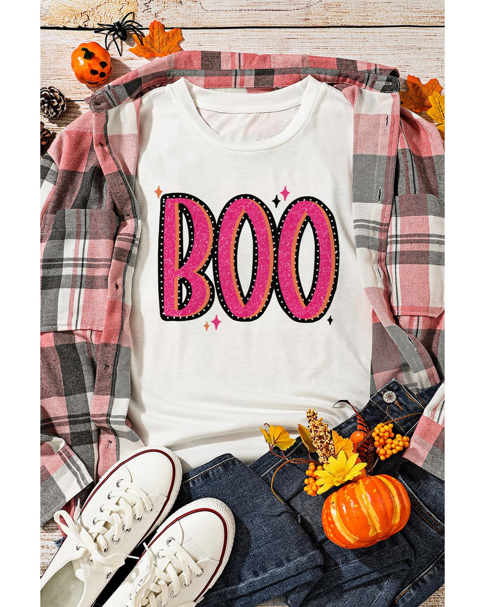 V539-AZEXDC25222926-1-2XL-202508271025-00 White BOO Crew Neck Graphic T Shirt - 2XL - Image 1