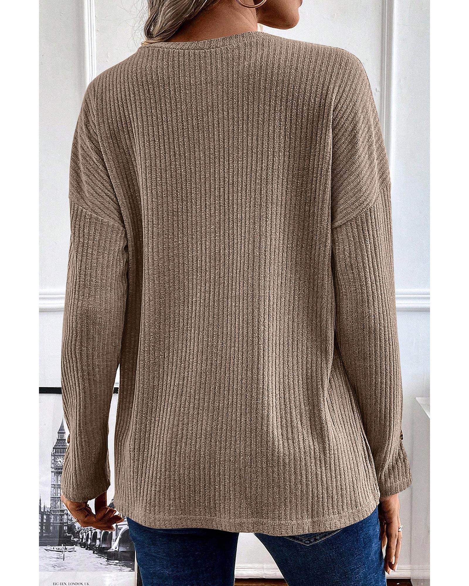 V539-AZEXDC25223369-P5016-M-202508270600-00 Pale Khaki Rib Textured Henley Knit Top - M - Image 1