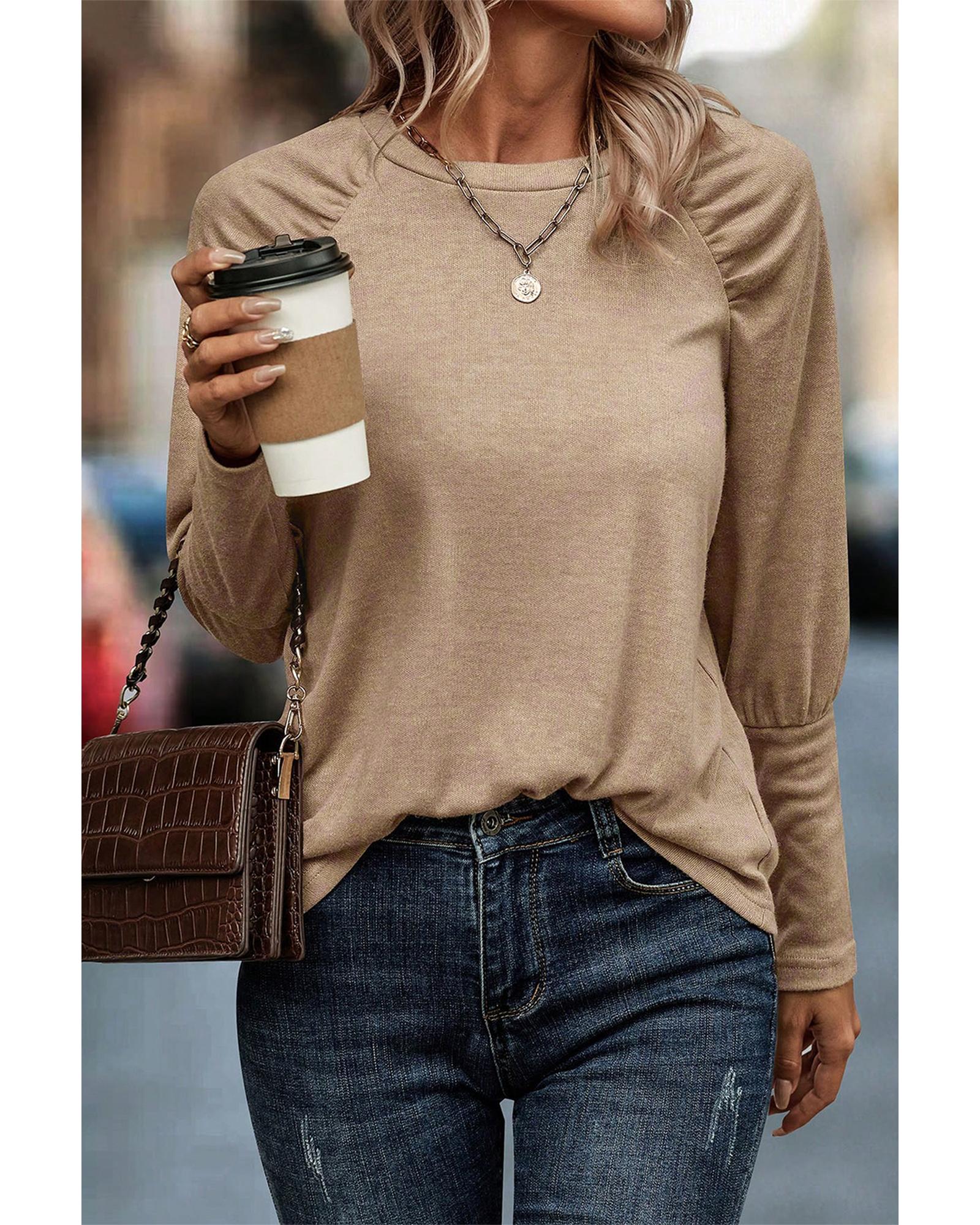 V539-AZEXDC25223440-P5016-M-202508272200-00 Pale Khaki Solid Ruched Raglan Sleeve Knit Top - M - Image 1