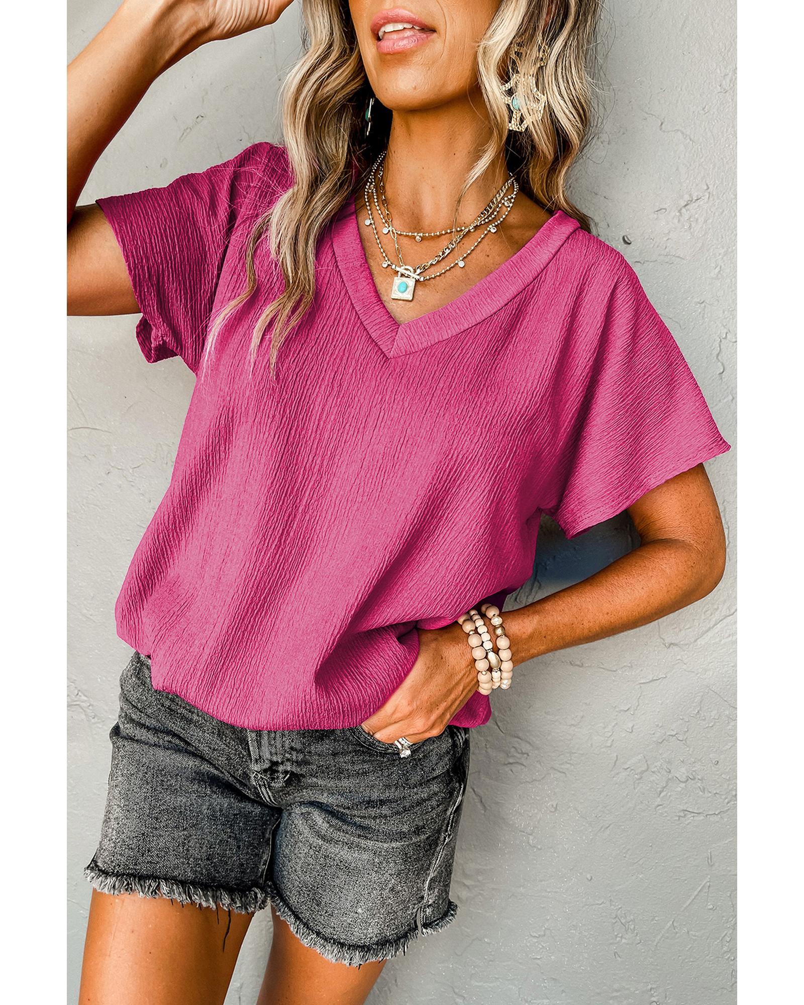 V539-AZEXDC25223652-P106-L-202506121020-00 Bright Pink Crinkled V Neck Wide Sleeve T-shirt - L - Image 1