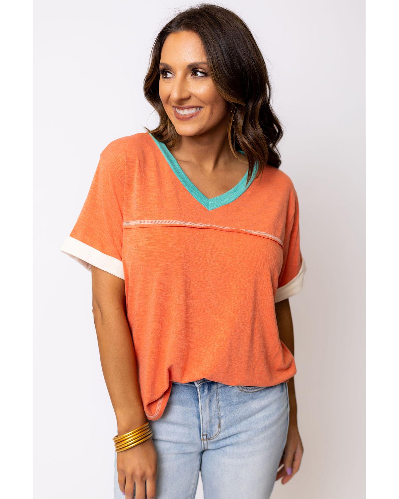 V539-AZEXDC25223820-P3014-S-202506121110-00 Grapefruit Orange Contrast Trim Exposed Seam V Neck T-shirt - S - Image 1