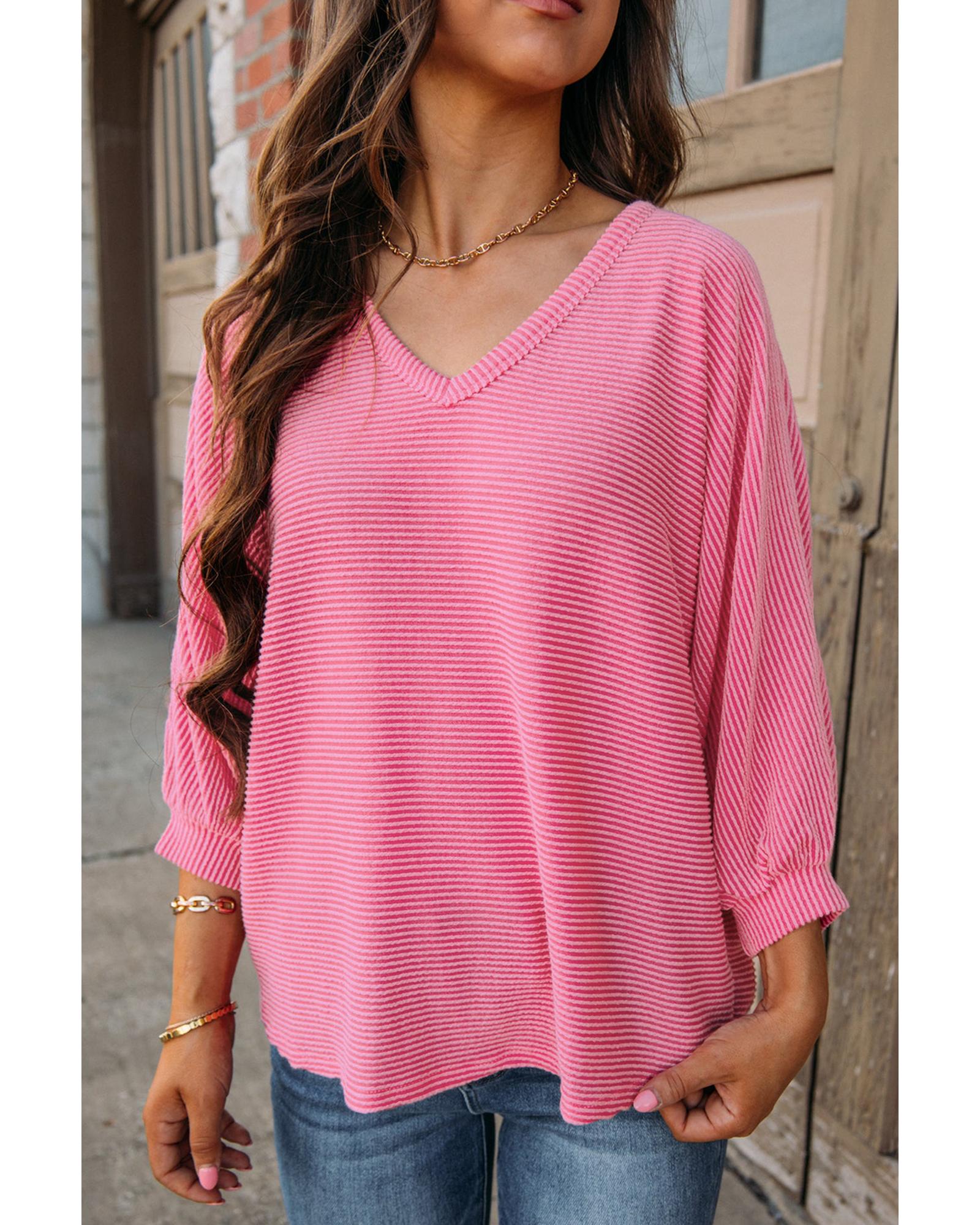 V539-AZEXDC25224107-P306-M-202508270555-00 Strawberry Pink Striped Print Bracelet Sleeve V Neck Top - M - Image 1