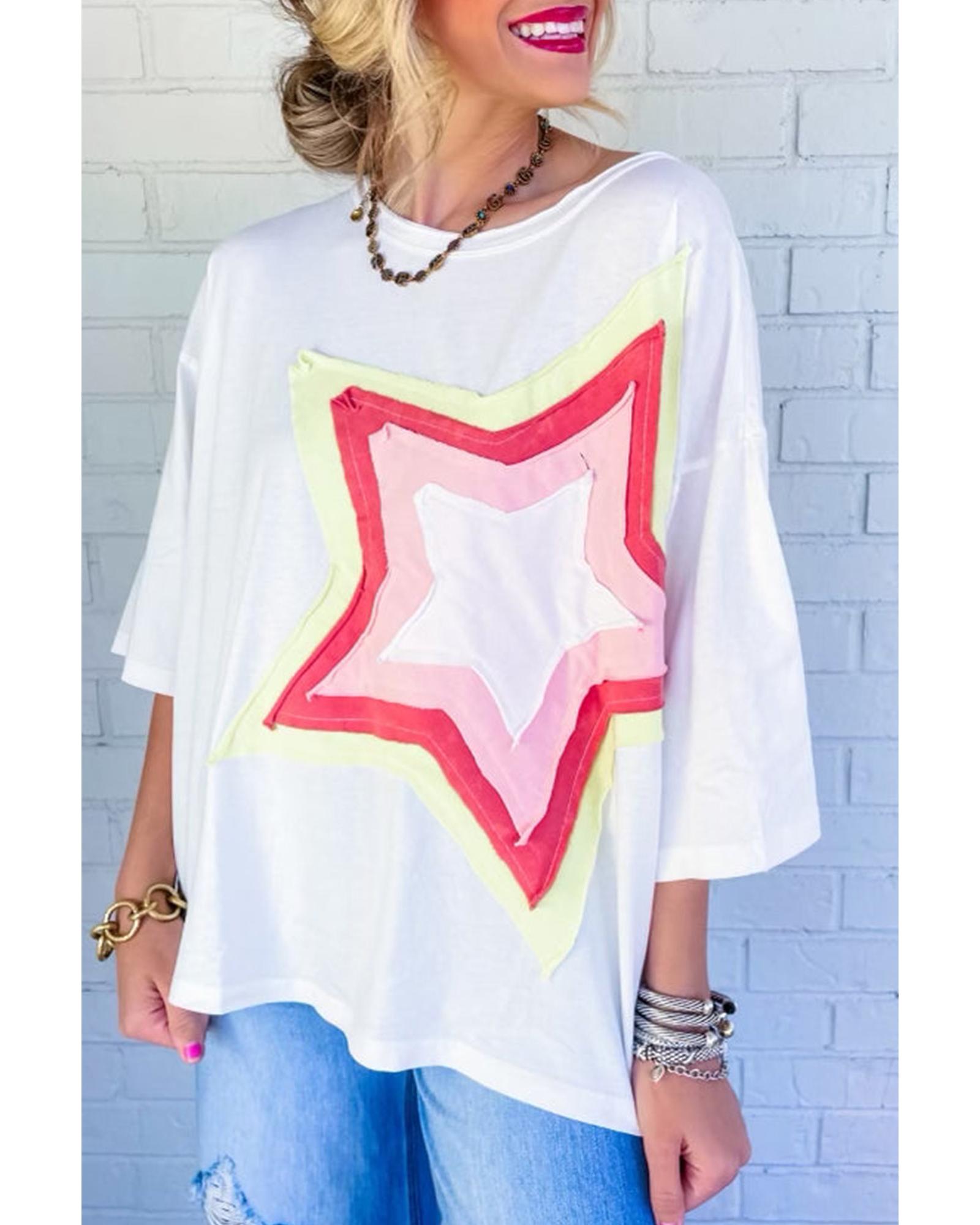 V539-AZEXDC25224353-P1-M-202508272340-00 White Colorblock Star Patched Half Sleeve Oversized Tee - M - Image 1