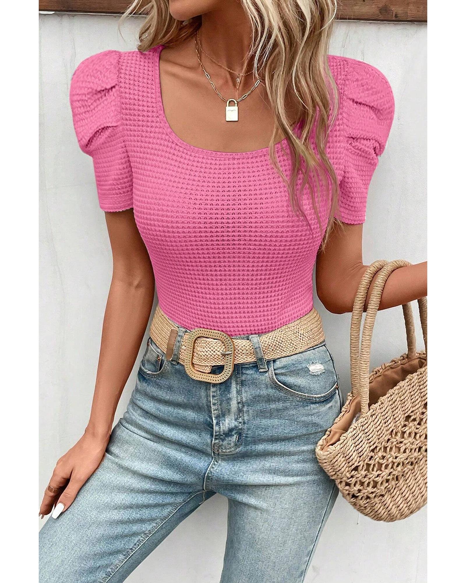 V539-AZEXDC25224366-P106-S-202506121231-00 Bright Pink Waffle Knit Ruched Puff Sleeve Top - S - Image 1