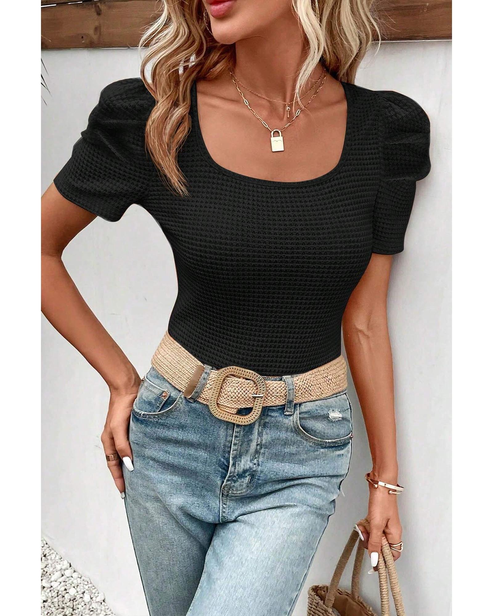 V539-AZEXDC25224366-P2-L-202508270930-00 Black Waffle Knit Ruched Puff Sleeve Top - L - Image 1