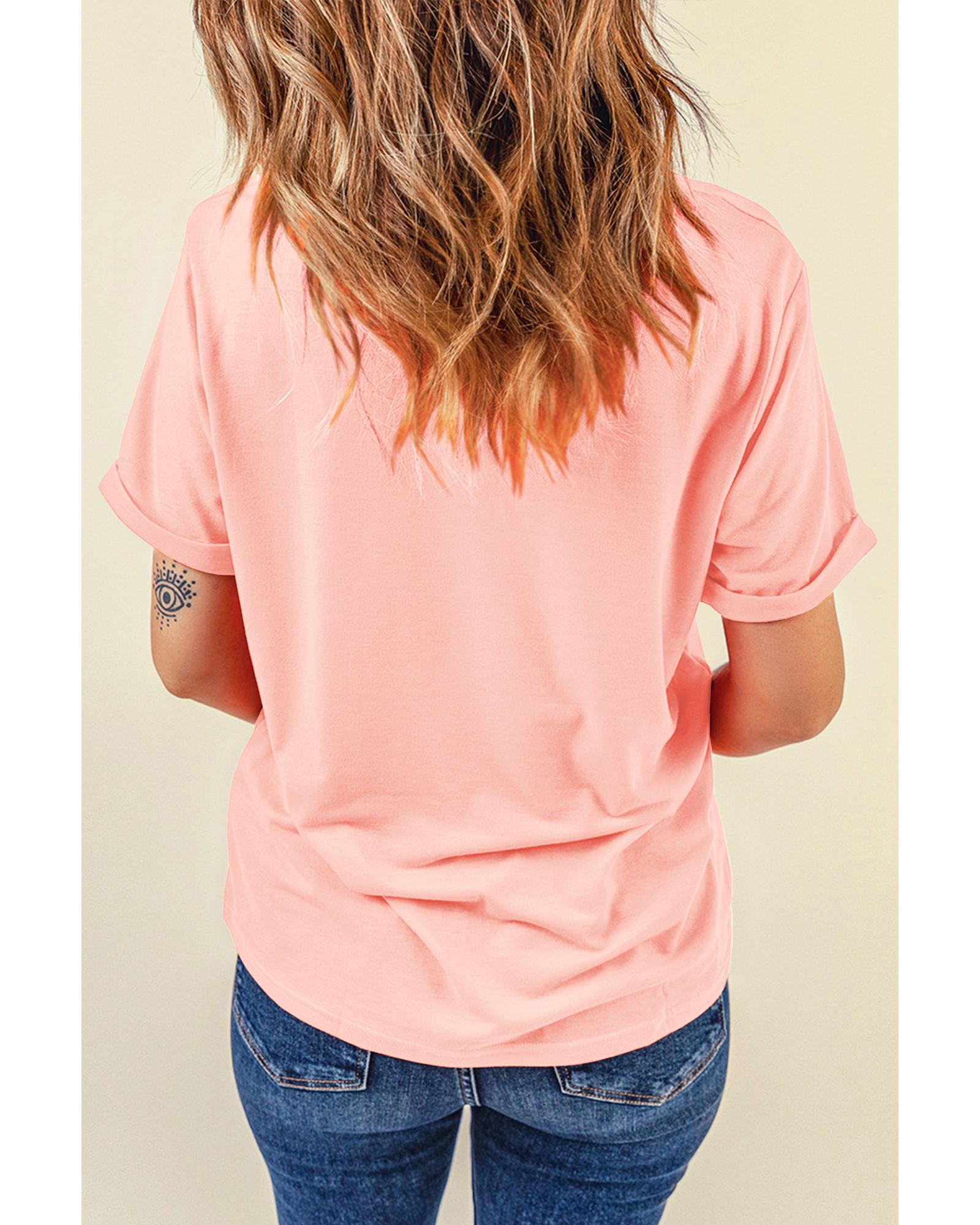 V539-AZEXDC25224551-10-L-202508272025-00 Pink Casual Plain Crew Neck Tee - L - Image 1
