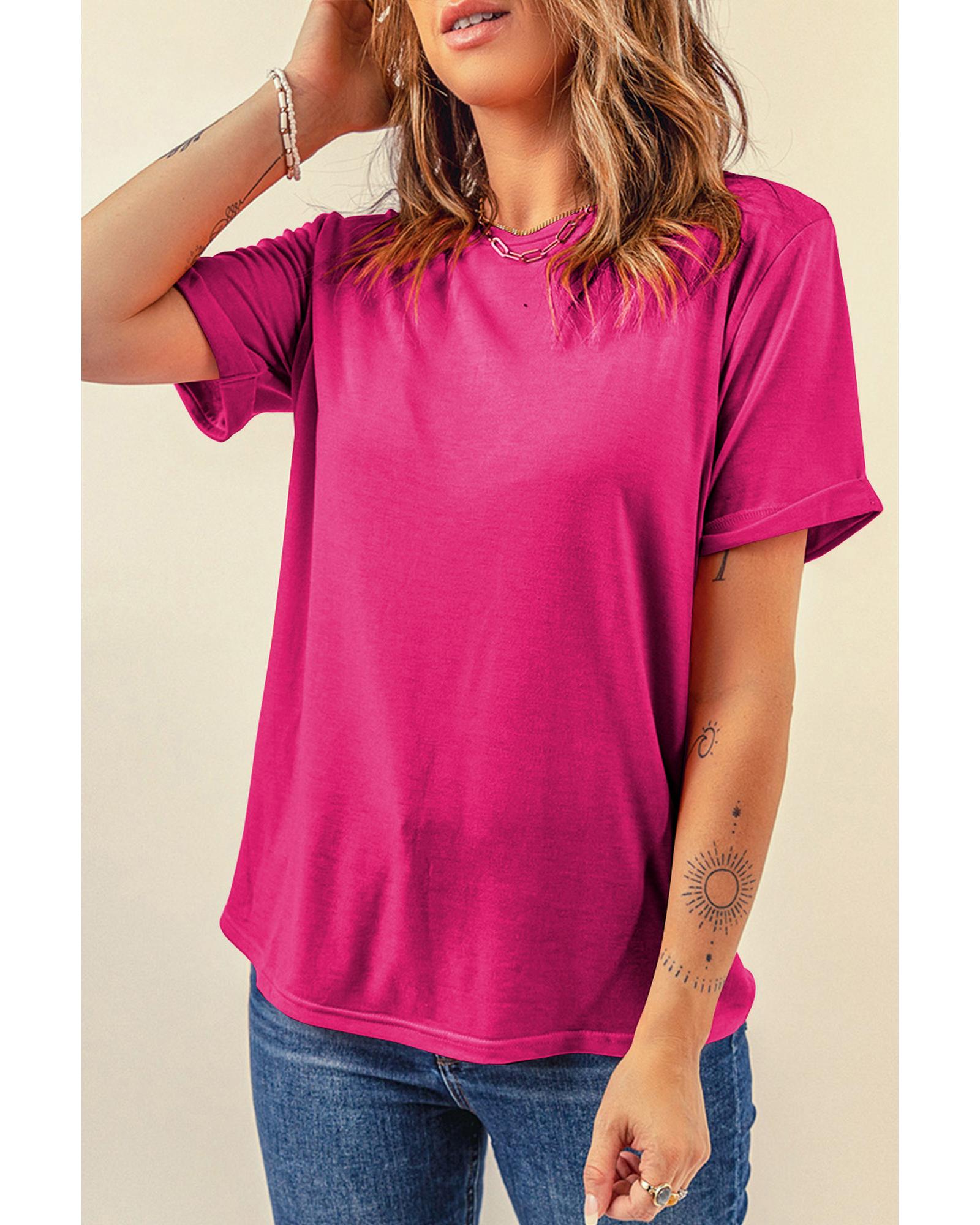 V539-AZEXDC25224551-P6-2XL-202508271835-00 Rose Red Casual Plain Crew Neck Tee - 2XL - Image 1