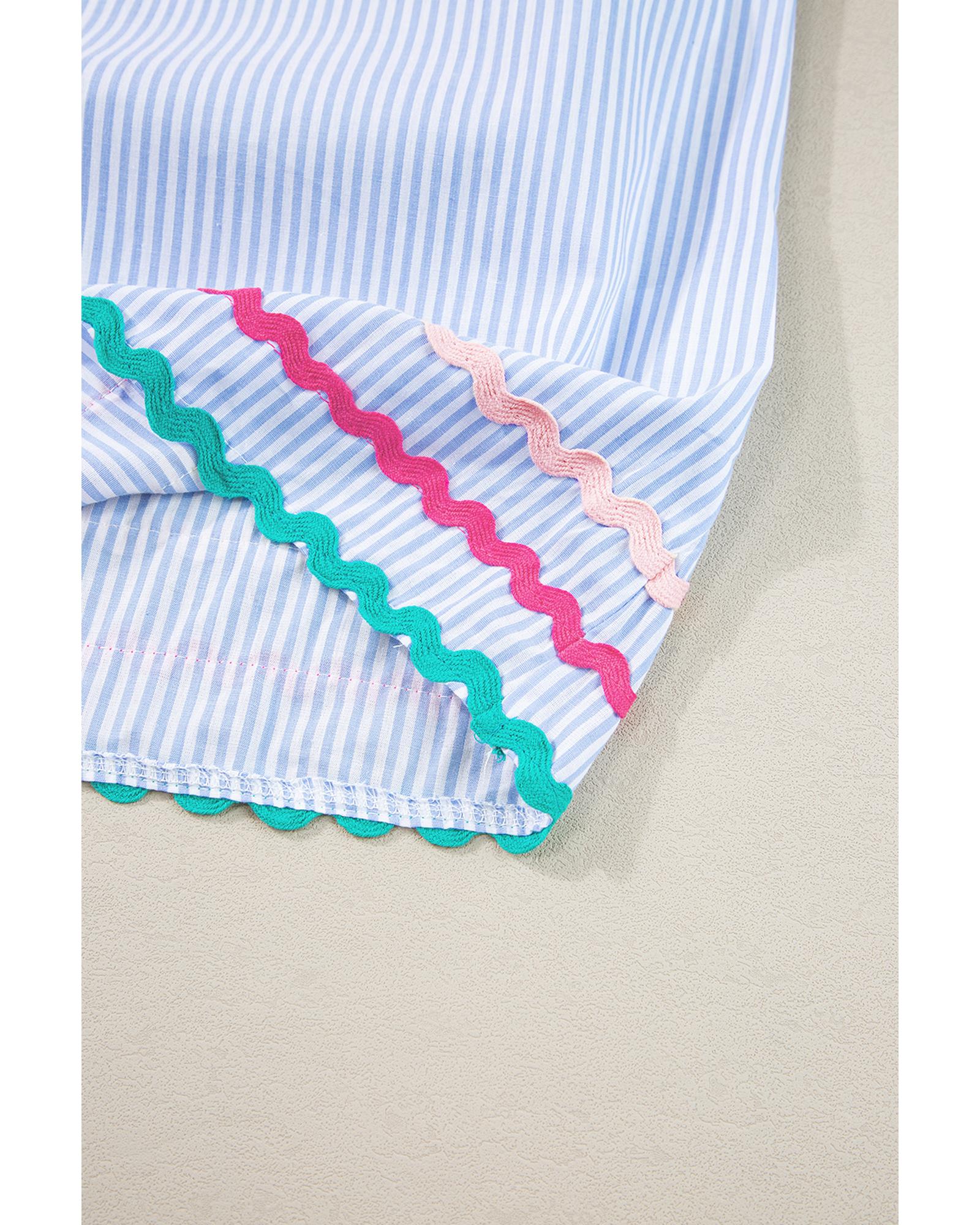 V539-AZEXDC25224635-P419-L-202508270715-00 Sky Blue Stripe Ricrac Trim Split Neck Striped Ruffled Sleeve Blouse - L - Image 1