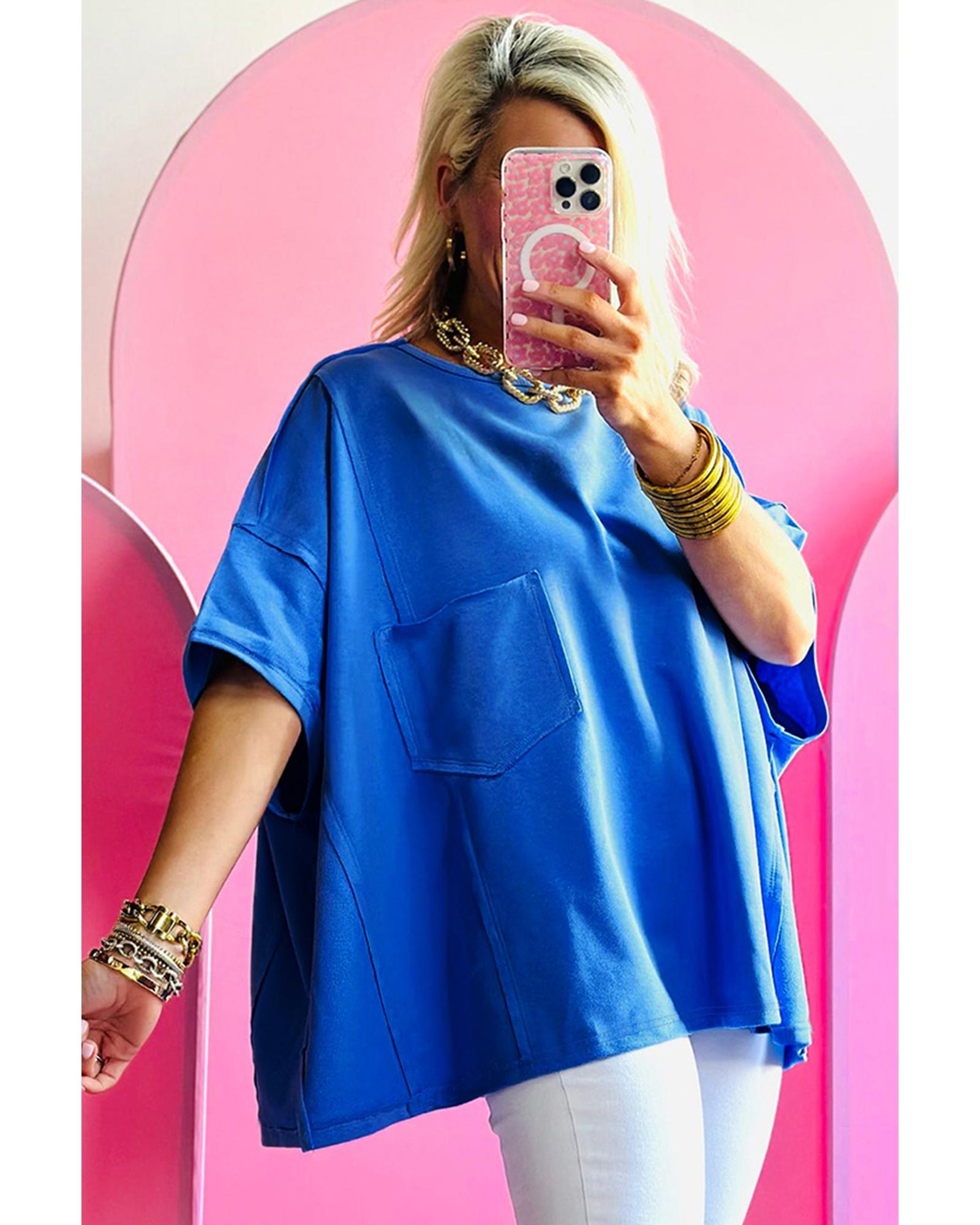 V539-AZEXDC25225159-P305-M-202508271510-00 Blue Patched Pocket Exposed Seam Oversize T-shirt - M - Image 1
