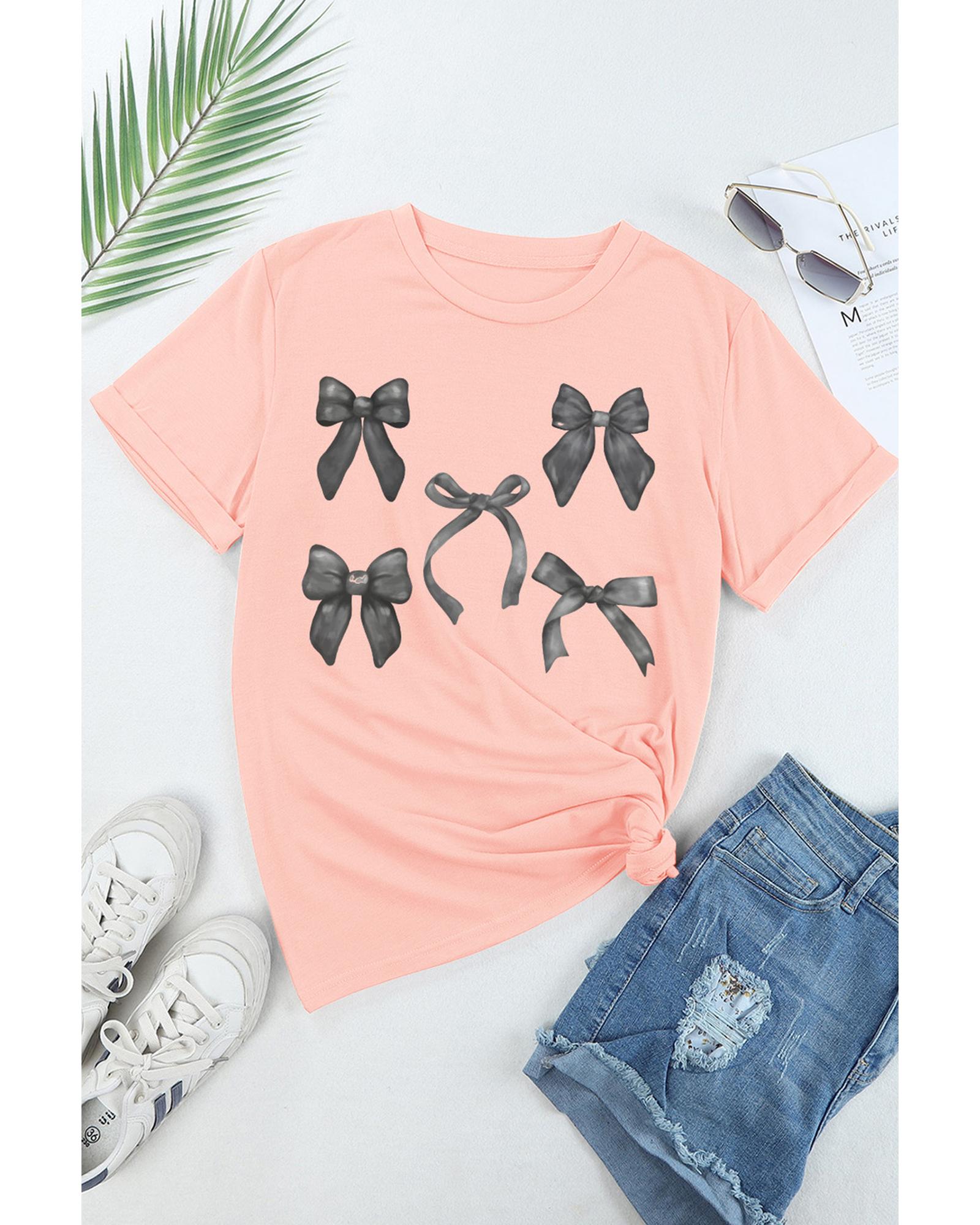 V539-AZEXDC25225449-10-XL-202508272330-00 Pink Bow Knots Print Slim Fit Crew Neck T Shirt - XL - Image 1