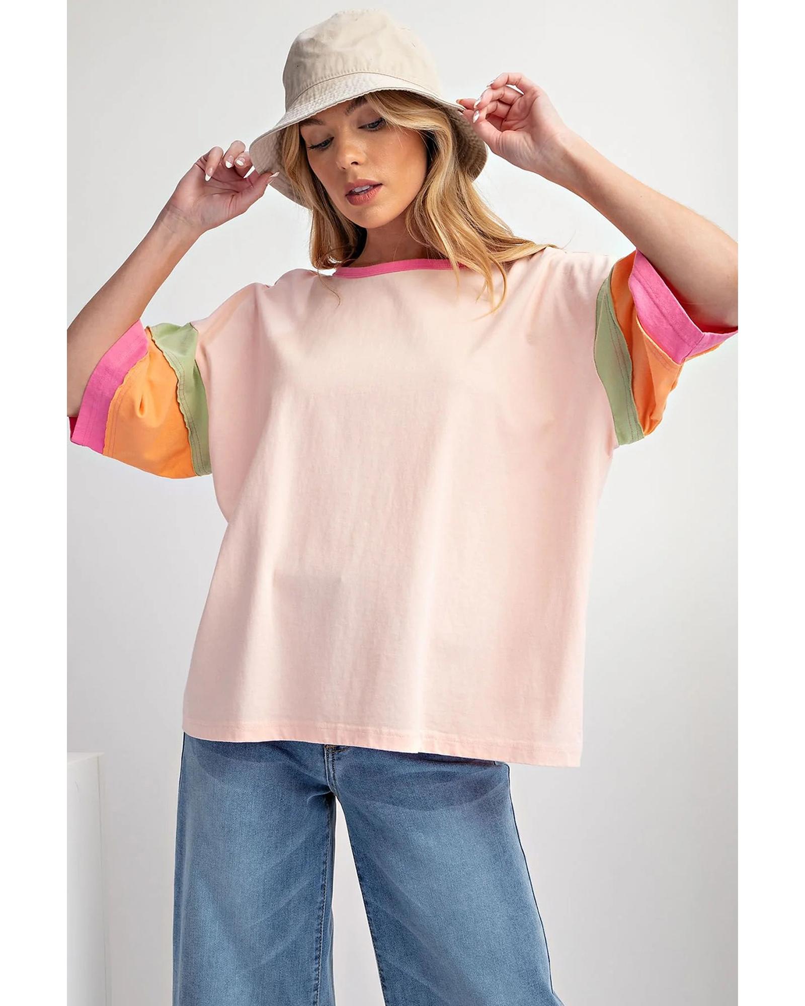 V539-AZEXDC25225570-P1022-M-202506121015-00 Pink Color Block Stitching Sleeve Round Neck Oversize Top - M - Image 1
