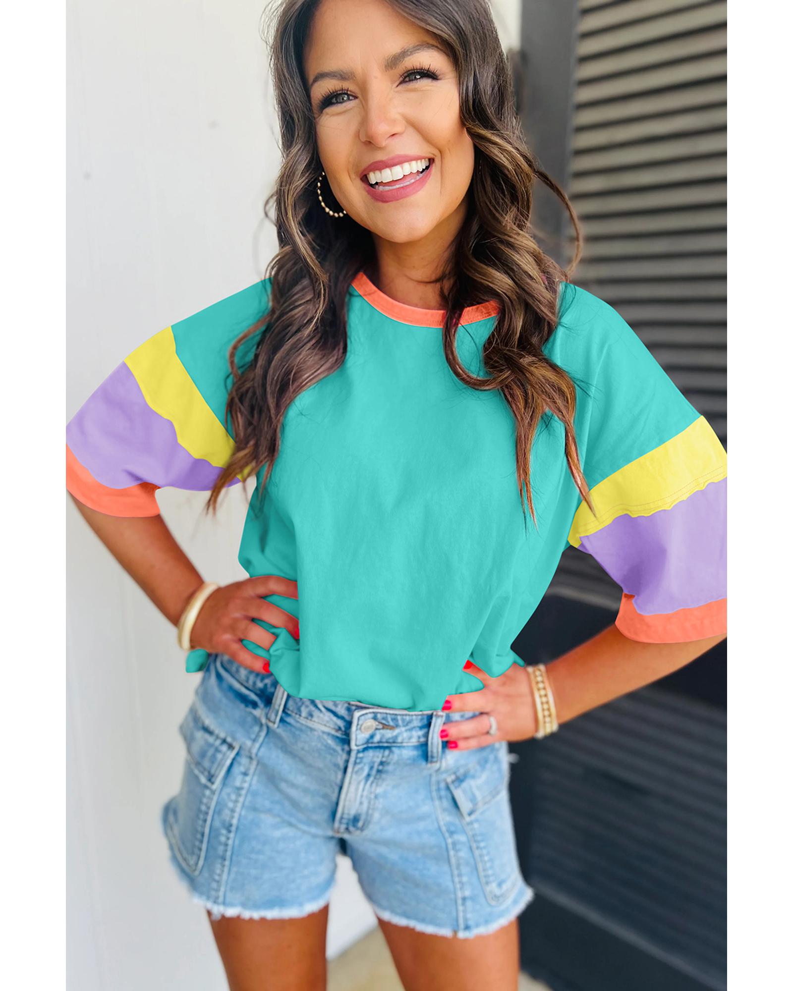 V539-AZEXDC25225570-P422-M-202508271630-02 Light Blue Color Block Stitching Sleeve Round Neck Oversize Top - M - Image 1