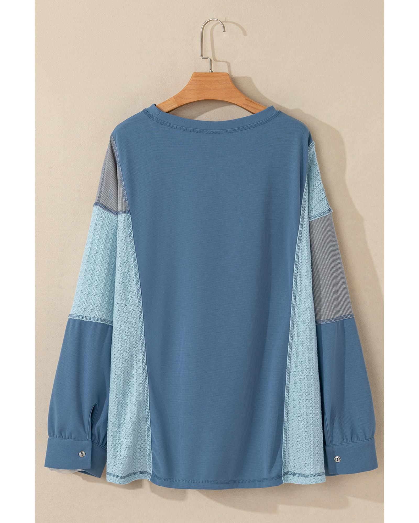 V539-AZEXDC25225886-P704-XL-202508270645-00 Dusk Blue Colorblock Stitching Patchwork Buttoned Long Sleeve Top - XL - Image 1