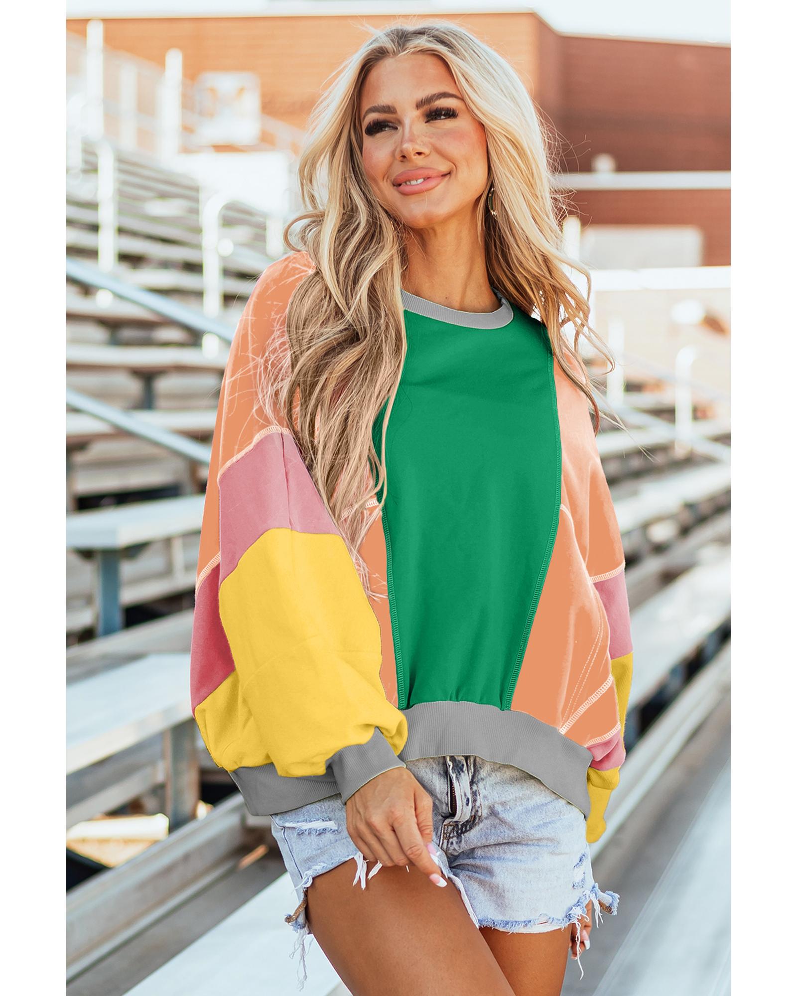 V539-AZEXDC25226016-P209-S-202506121832-00 Dark Green Colorblock Patchwork Exposed Stitching Oversize Top - S - Image 1