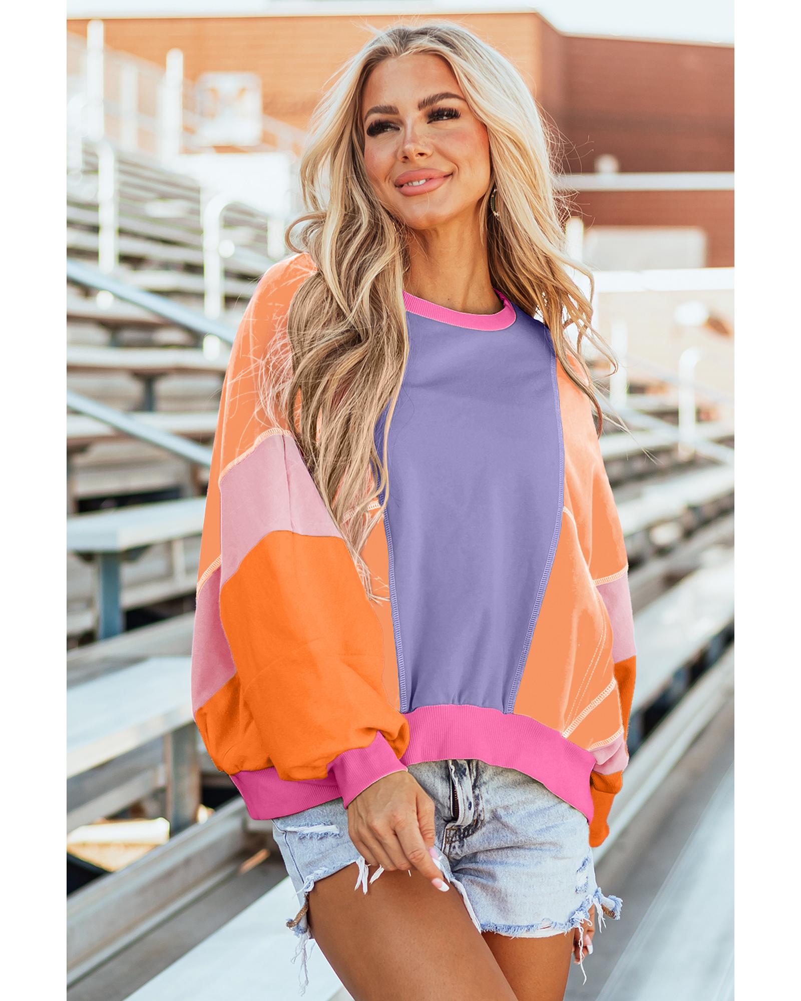 V539-AZEXDC25226016-P708-XL-202508271135-00 Orchid Petal Colorblock Patchwork Exposed Stitching Oversize Top - XL - Image 1