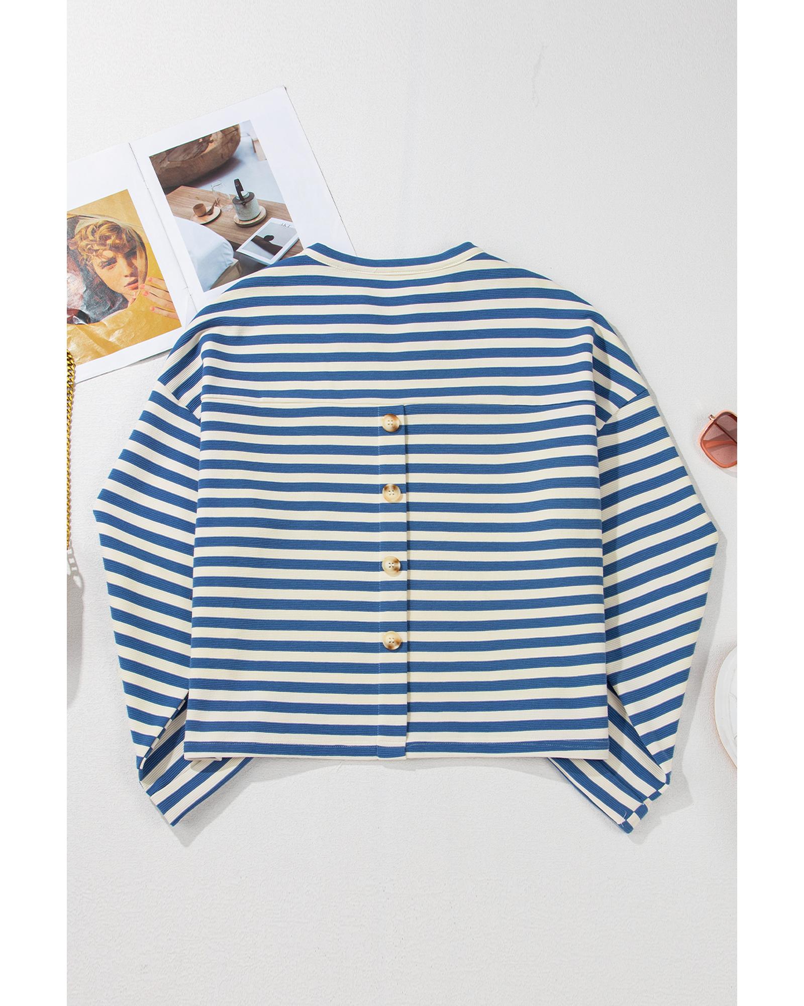 V539-AZEXDC25226018-P419-L-202508271240-00 Sky Blue Stripe Chest Pocket Buttoned Back Notched V Neck Top - L - Image 1