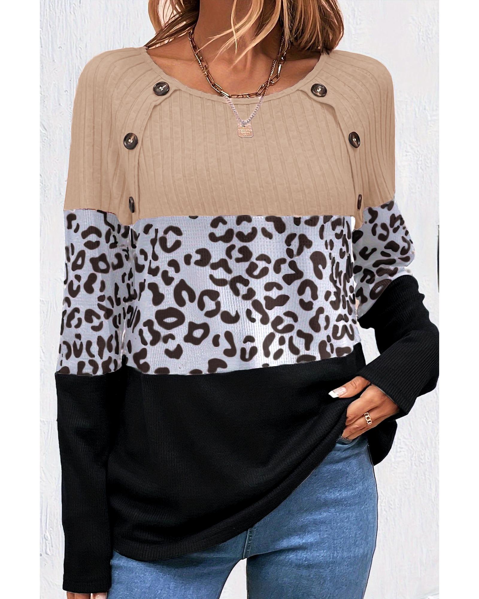 V539-AZEXDC25226182-P222-L-202508272045-00 Black Cheetah Textured Patchwork Buttoned Round Neck T Shirt - L - Image 1