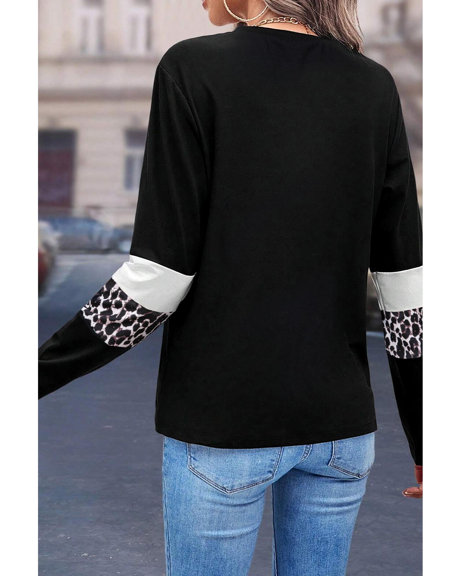 V539-AZEXDC25226317-P120-S-202506122015-00 White Leopard Colorblock Patchwork Crew Neck Long Sleeve Tee - S - Image 1