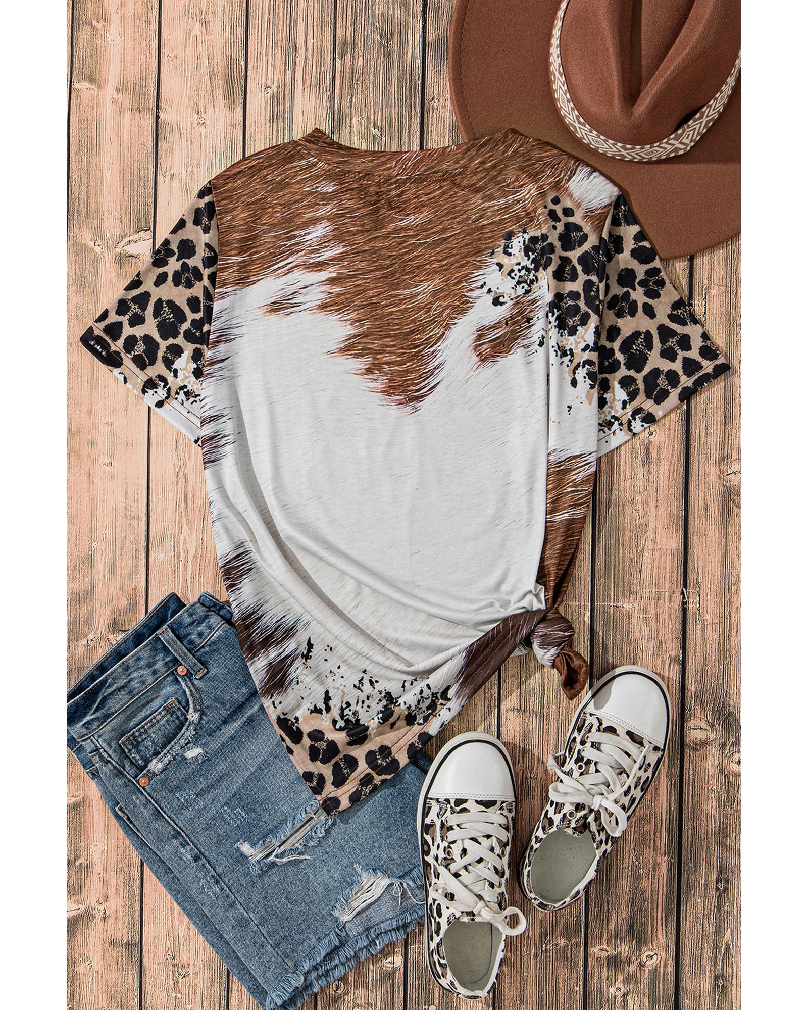 V539-AZEXDC25226337-P2017-M-202508270610-00 Chestnut Leopard Bleached Sunflower Graphic Crewneck T Shirt - M - Image 1