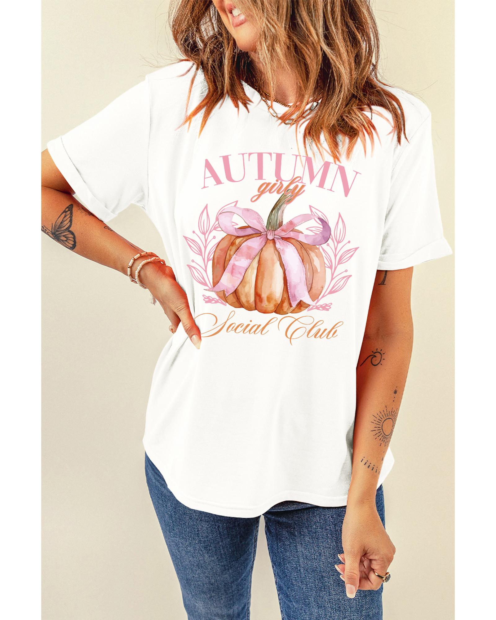 V539-AZEXDC25226495-1-2XL-202508270445-00 White Autumn Girly Thanksgiving Bowknot Pumpkin Graphic T Shirt - 2XL - Image 1