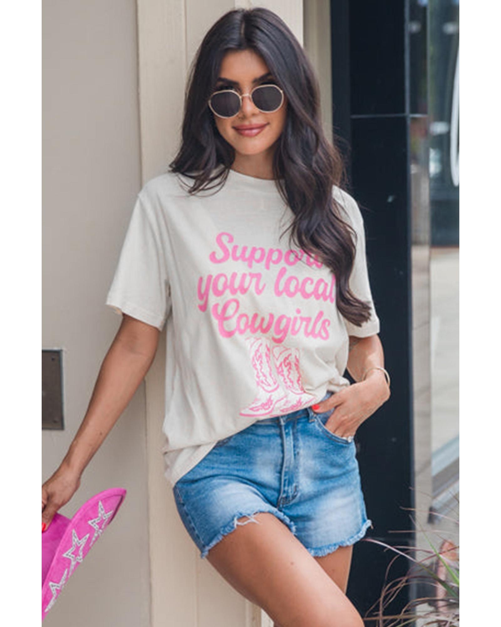 V539-AZEXDC25226658-1-M-202508271030-00 White Support Your Local Cowgirls Boots Print Crewneck Tee - M - Image 1