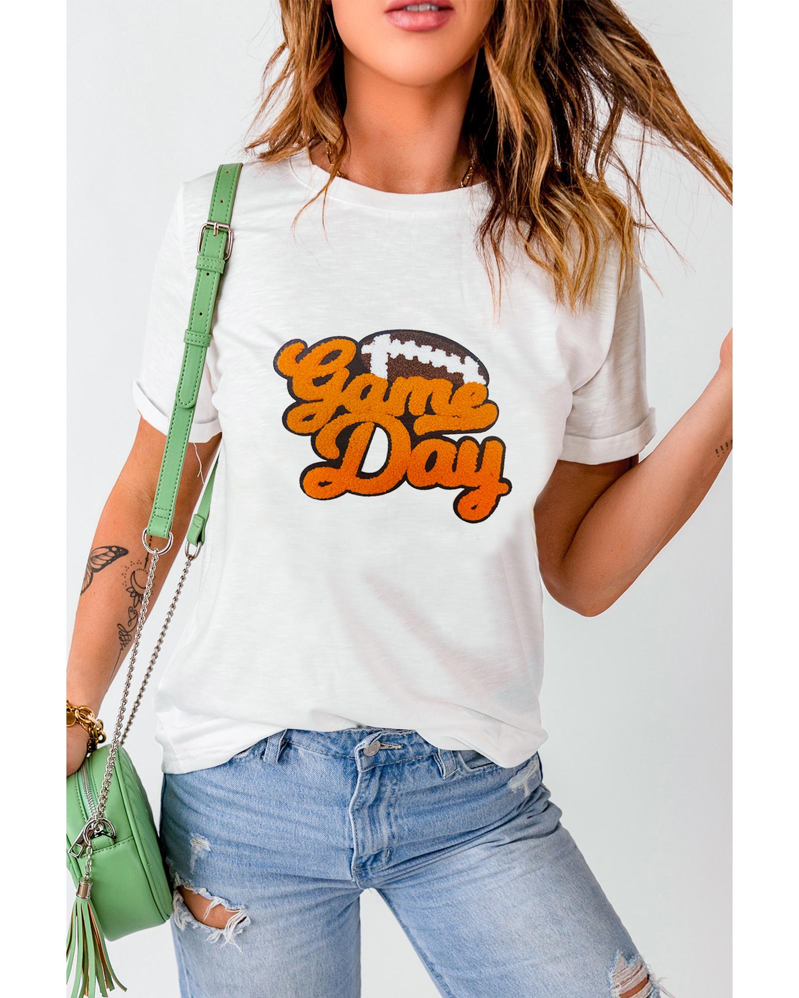 V539-AZEXDC25226663-1-2XL-202508271435-00 White Chenille Game Day Rugby Football Pattern Crewneck T Shirt - 2XL - Image 1