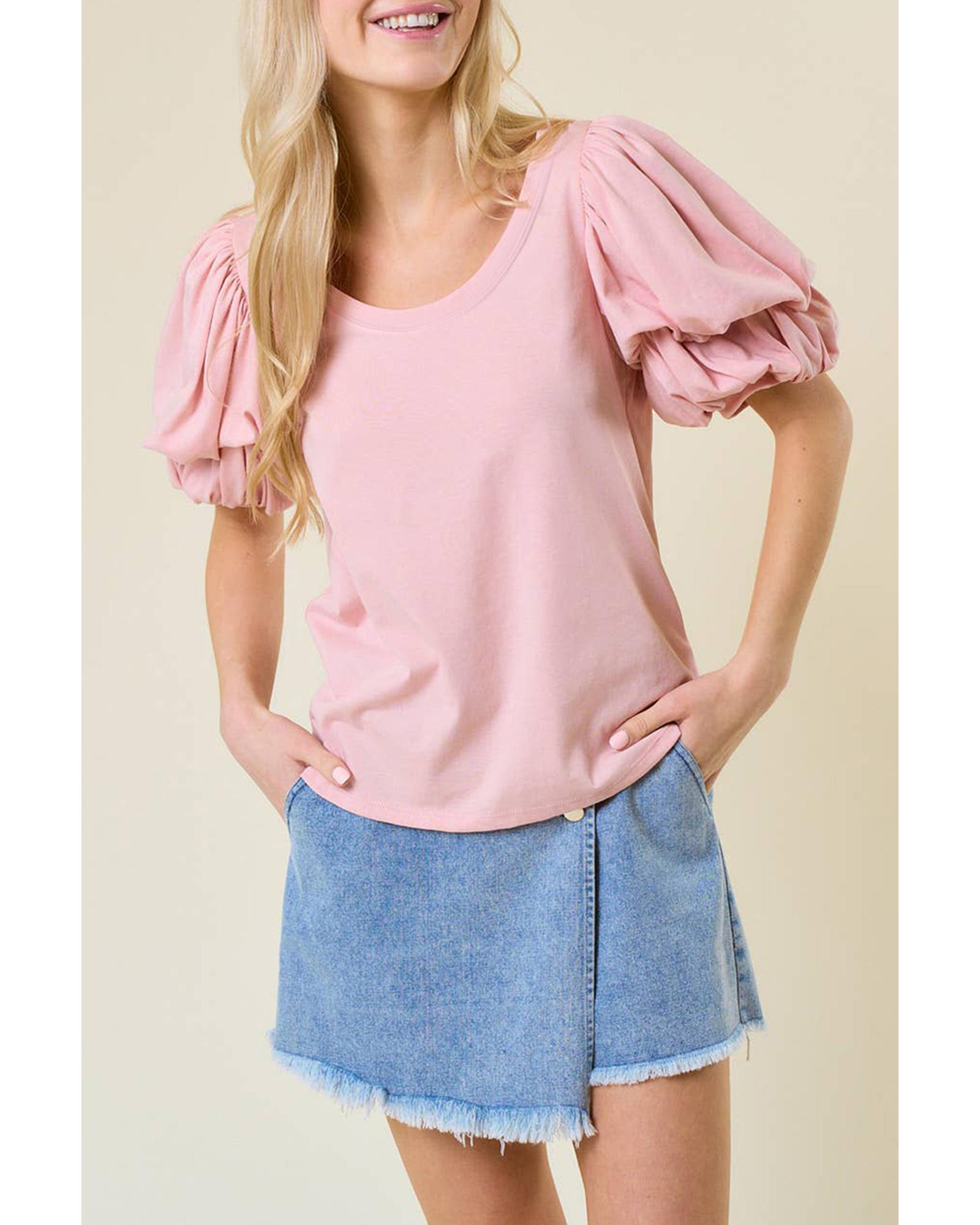 V539-AZEXDC25226708-P1010-M-202508271245-00 Light Pink Scoop Neck Bubble Sleeve Tee - M - Image 1