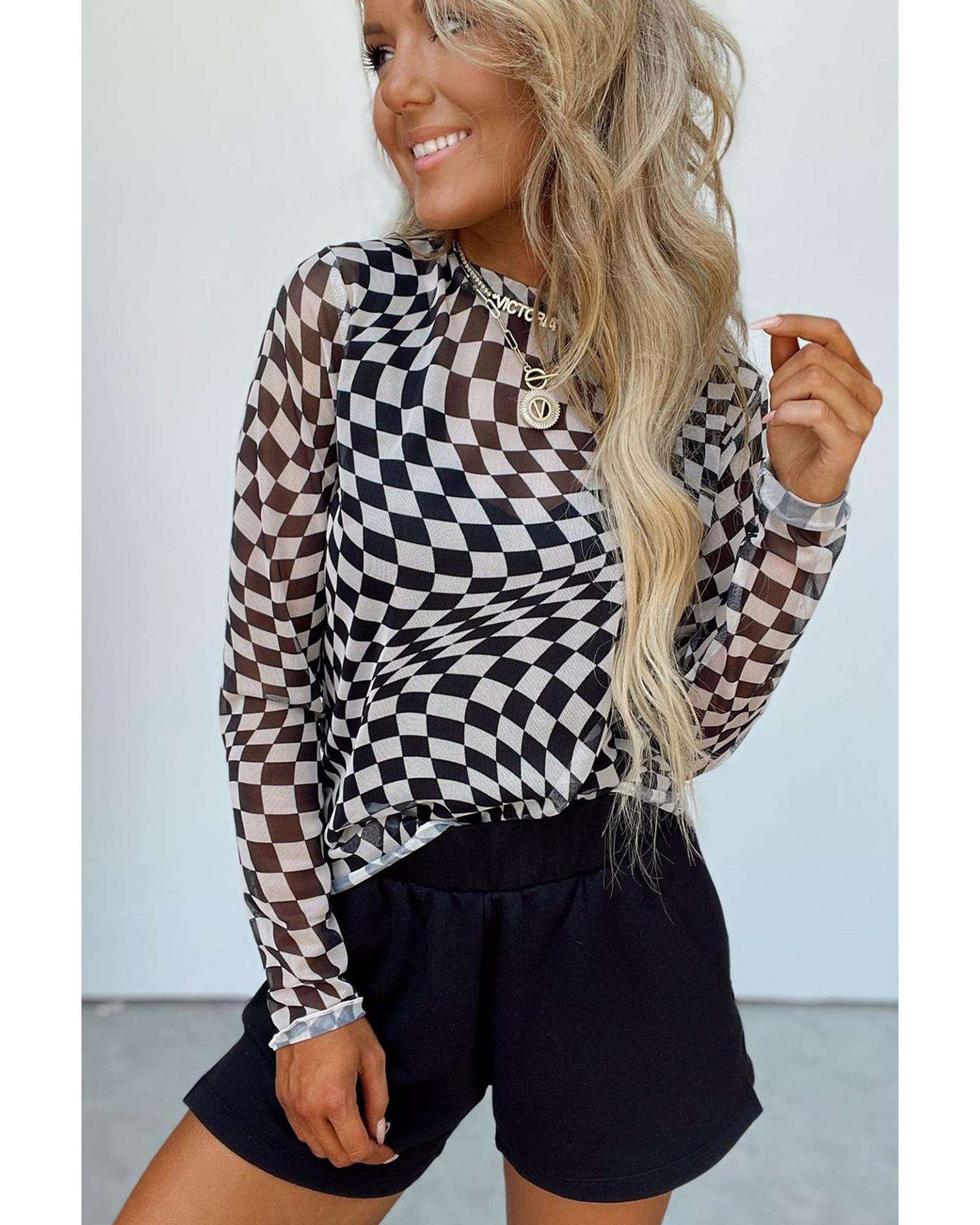 V539-AZEXDC25226716-P220-S-202506121712-00 Black Checkered Pattern Mesh Mock Neck Long Sleeve Top - S - Image 1