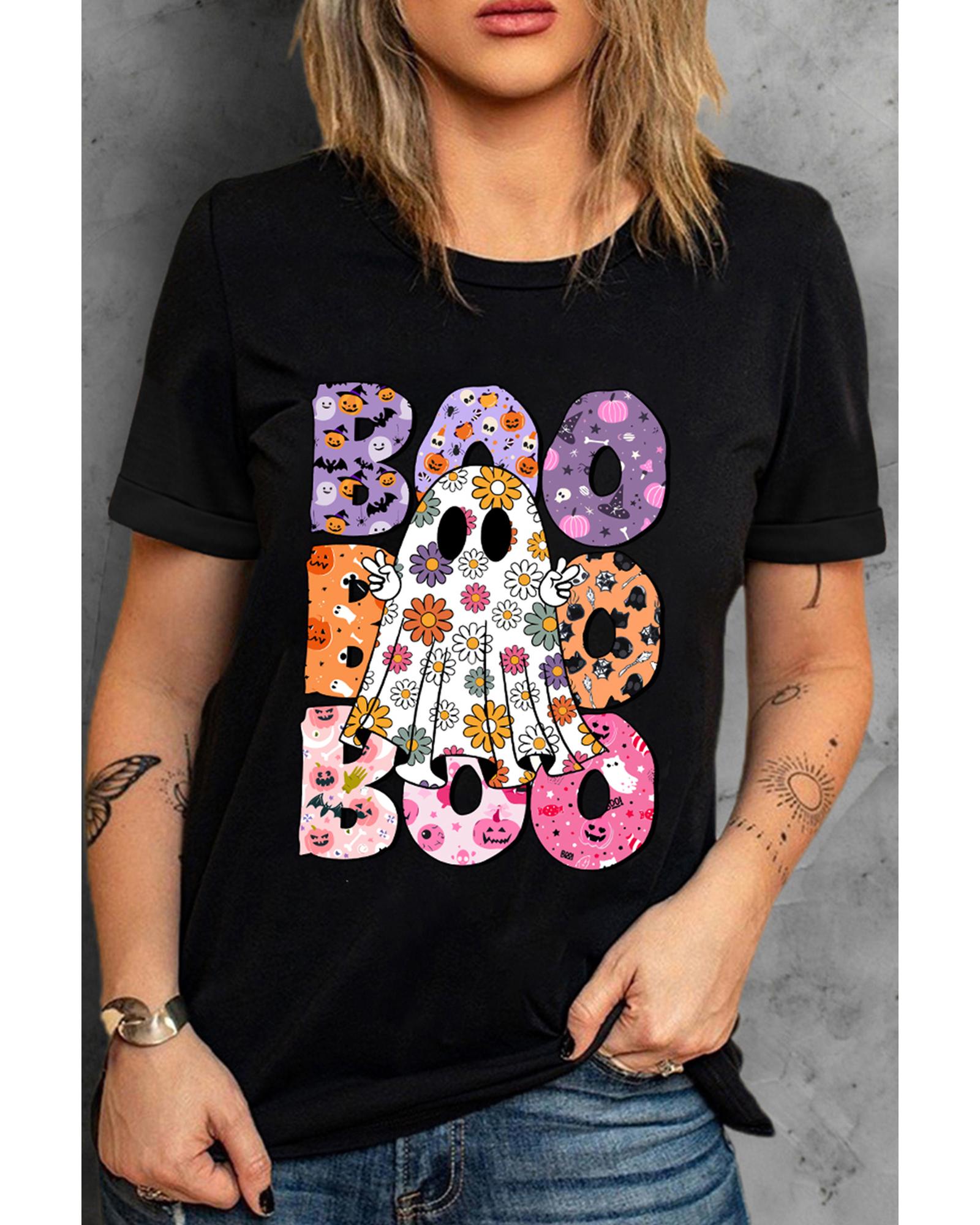 V539-AZEXDC25226725-2-M-202508270620-00 Black BOO Floral Ghost Print Crew Neck Halloween T Shirt - M - Image 1