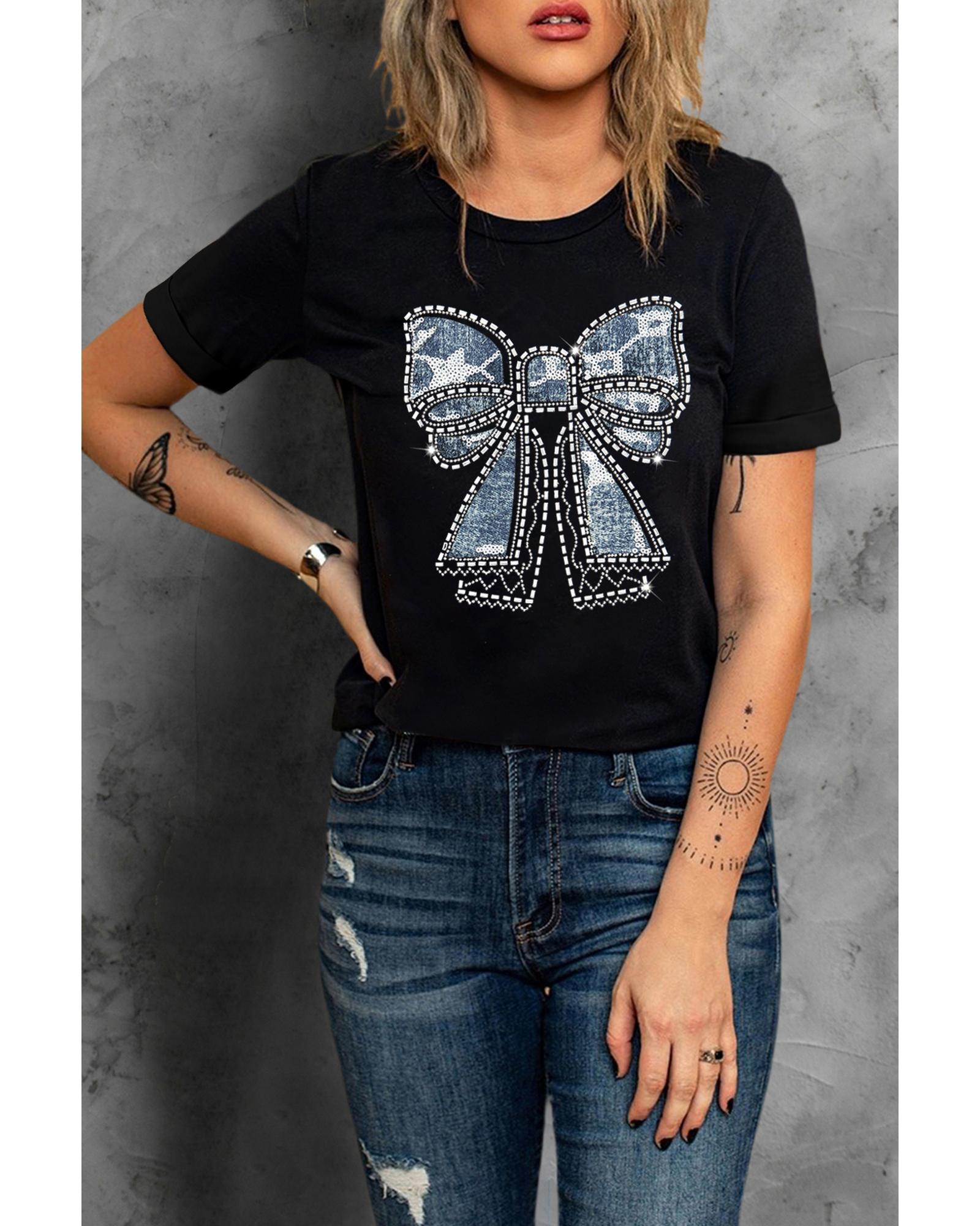 V539-AZEXDC25226736-2-L-202508270800-00 Black Rhinestone Bowknot Graphic Crewneck T Shirt - L - Image 1