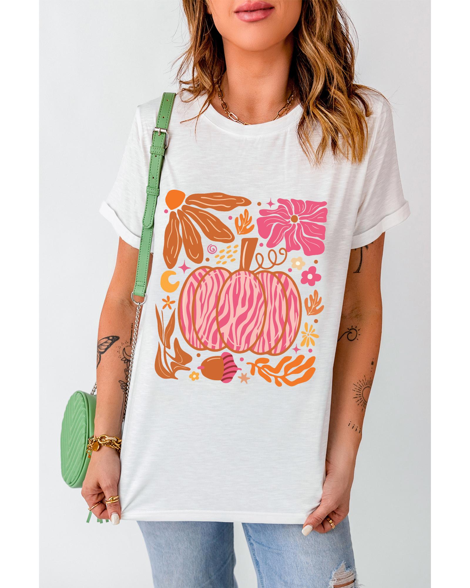 V539-AZEXDC25226751-1-M-202508270940-00 White Floral Pumpkin Printed Crewneck Thanksgiving T Shirt - M - Image 1