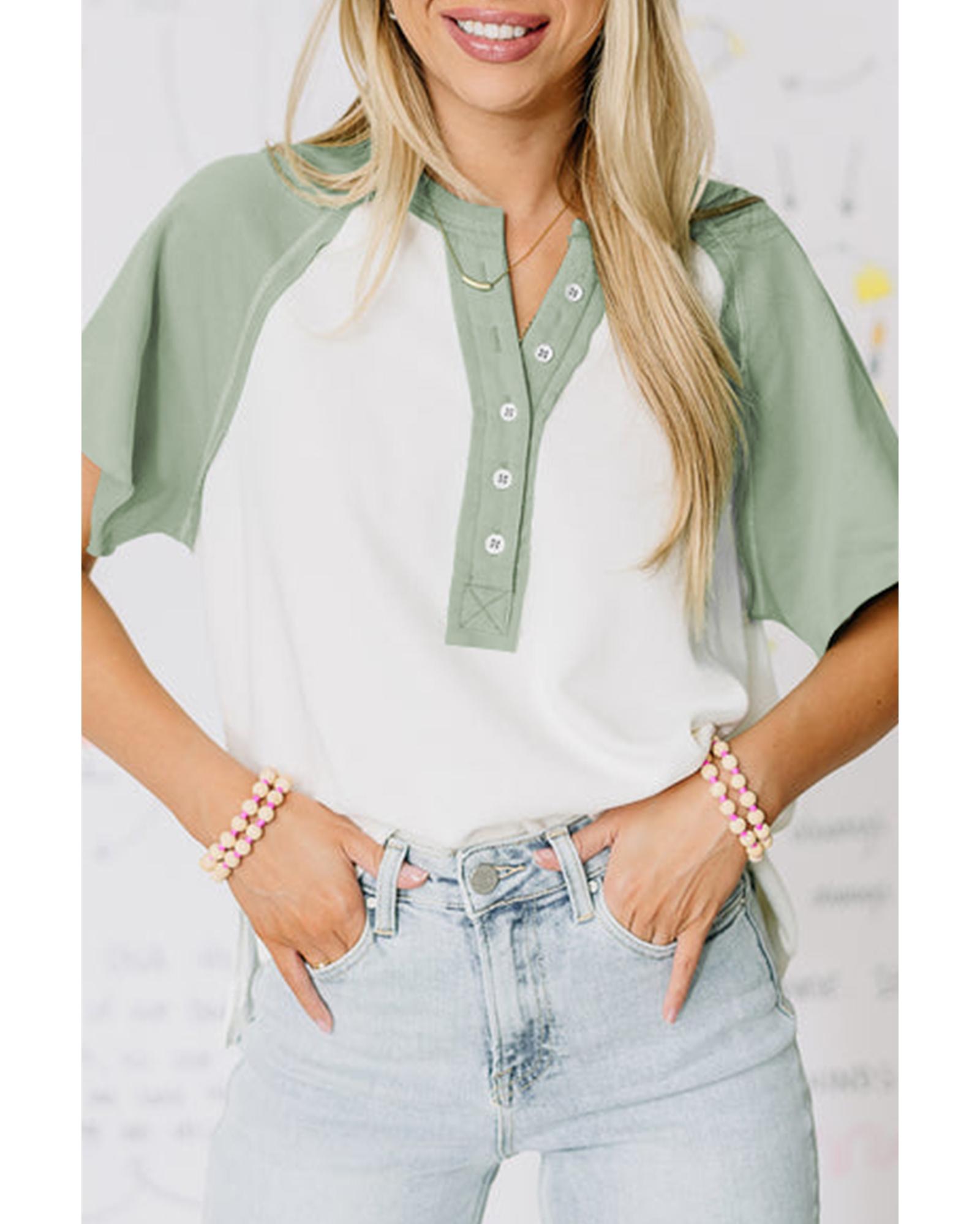 V539-AZEXDC25226757-P2709-S-202506121906-00 Clearly Aqua Colorblock Raglan Short Sleeve Half Buttons High Low T Shirt - S - Image 1