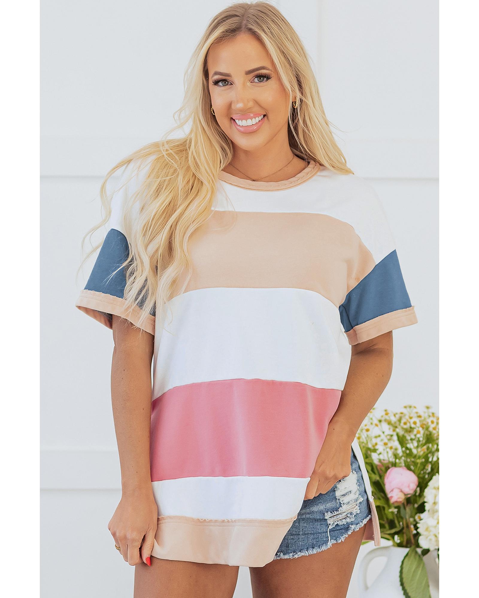 V539-AZEXDC25226764-P22-S-202506121920-00 Multicolour Colorblock Patchwork Side Split Tunic T Shirt - S - Image 1