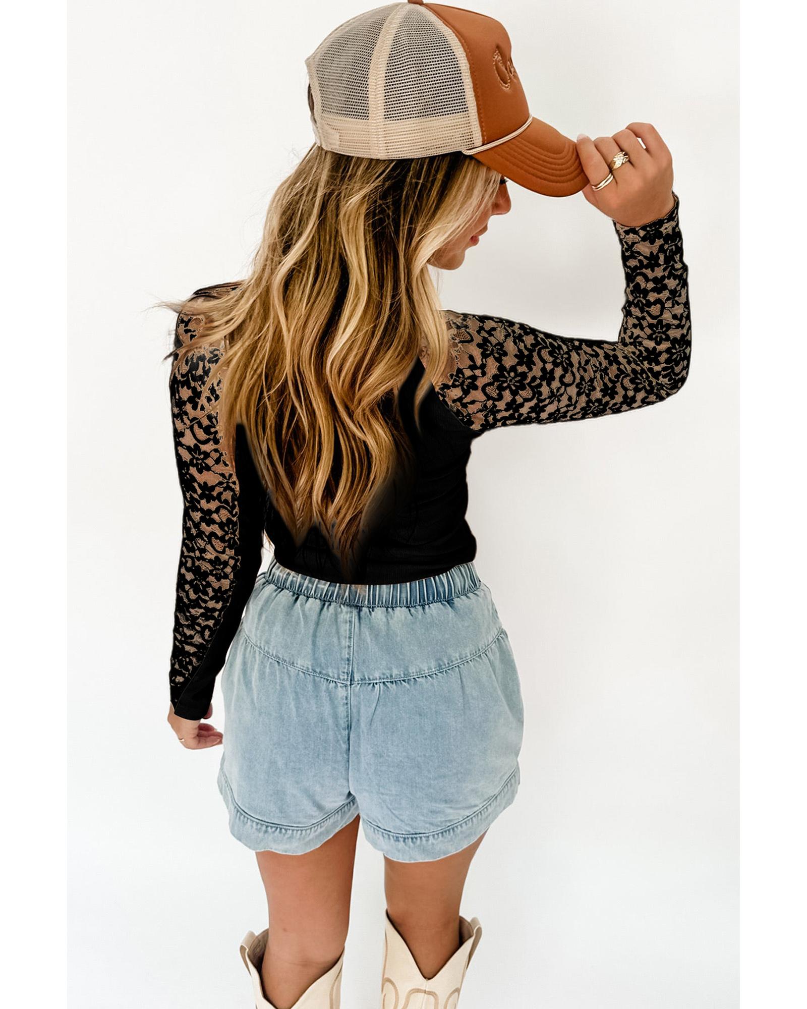 V539-AZEXDC25226767-P2-M-202508272155-00 Black Floral Lace Patchwork Long Sleeve High Neck Slim Top - M - Image 1